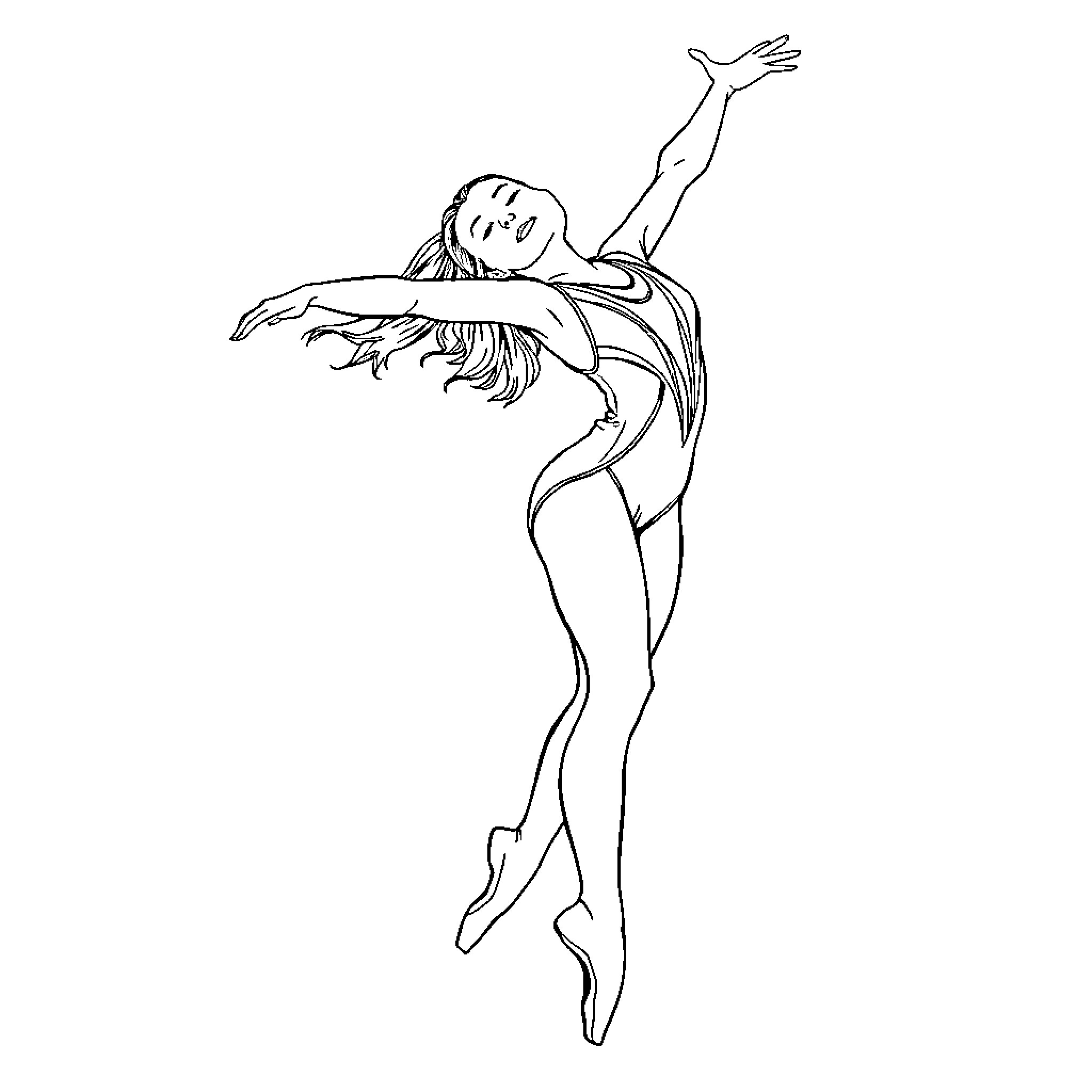 Gymnast performing graceful ballet pose Coloring Page (free black-and-white line drawing printable PDF for all, from beginners to advanced learners, including children, teens, adults, and seniors)
