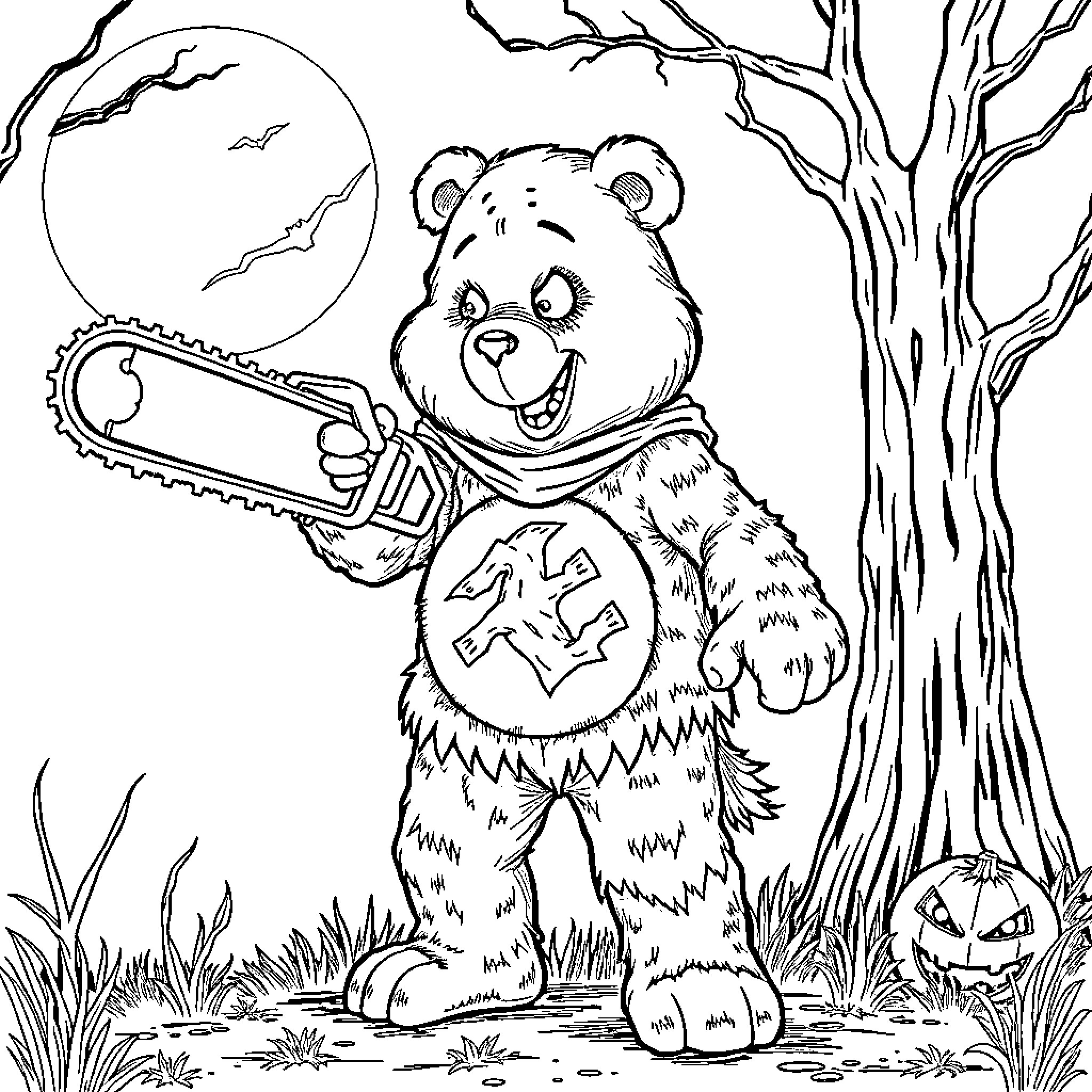 Care Bear Wielding a Chainsaw in a Spooky Forest Coloring Page (free black-and-white line drawing printable PDF for all, from beginners to advanced learners, including children, teens, adults, and seniors)