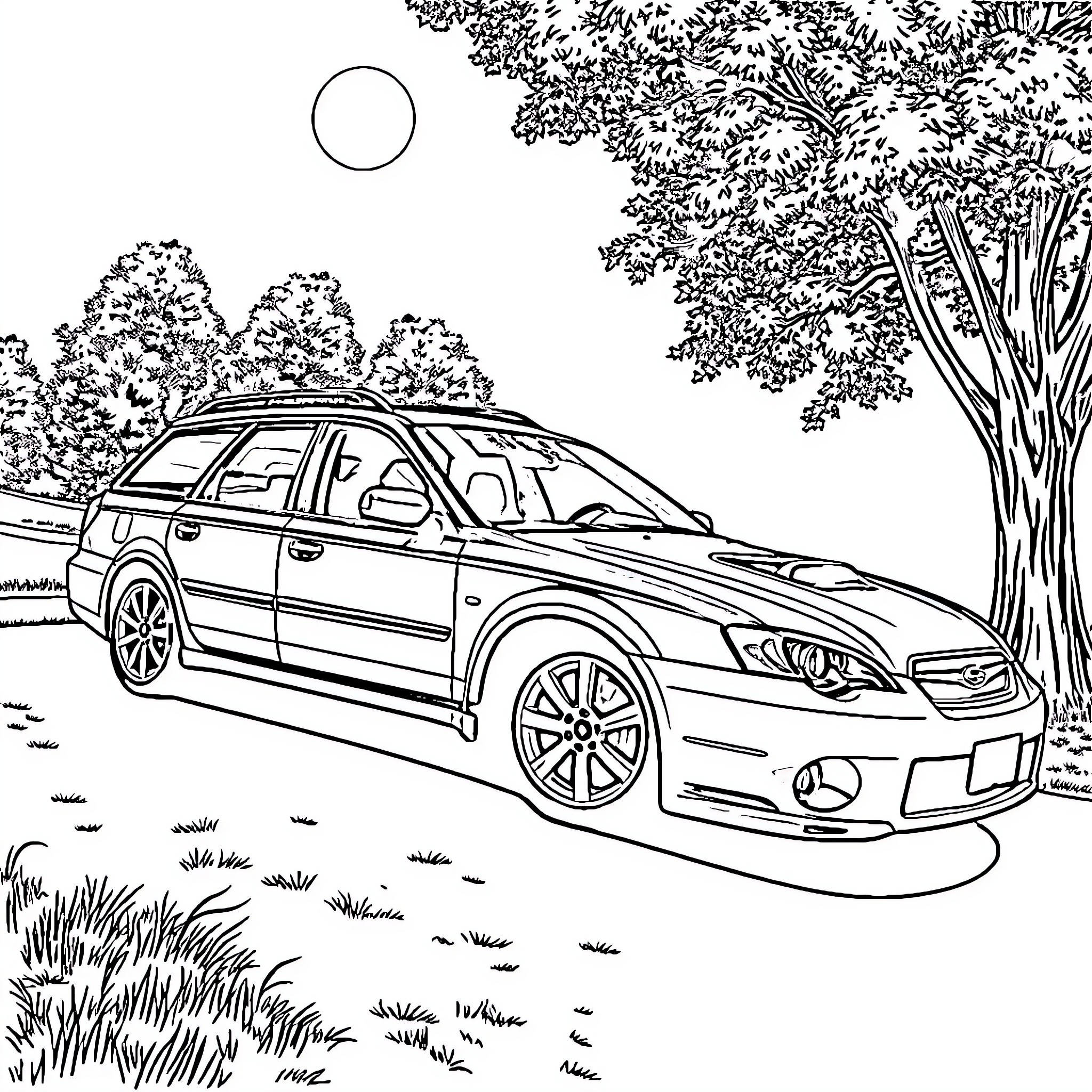 Subaru Legacy parked in scenic nature setting Coloring Page (free black-and-white line drawing printable PDF for all, from beginners to advanced learners, including children, teens, adults, and seniors)