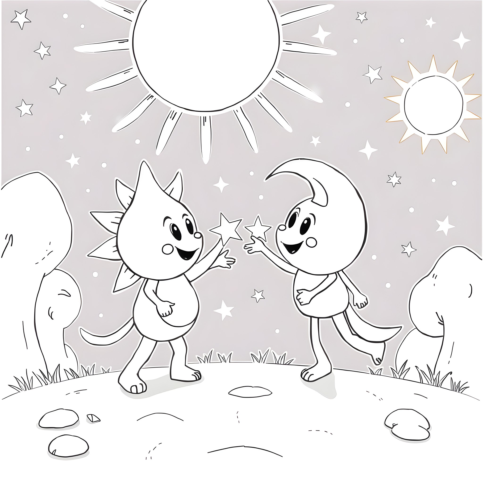 Sundrop Creatures Enjoying the Celestial Scenery Coloring Page (free black-and-white line drawing printable PDF for all, from beginners to advanced learners, including children, teens, adults, and seniors)