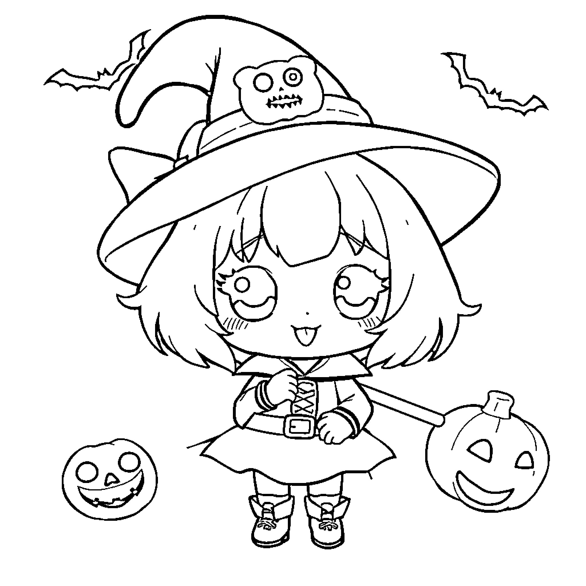 Kuromi in her spooky Halloween outfit Coloring Page (free black-and-white line drawing printable PDF for all, from beginners to advanced learners, including children, teens, adults, and seniors)