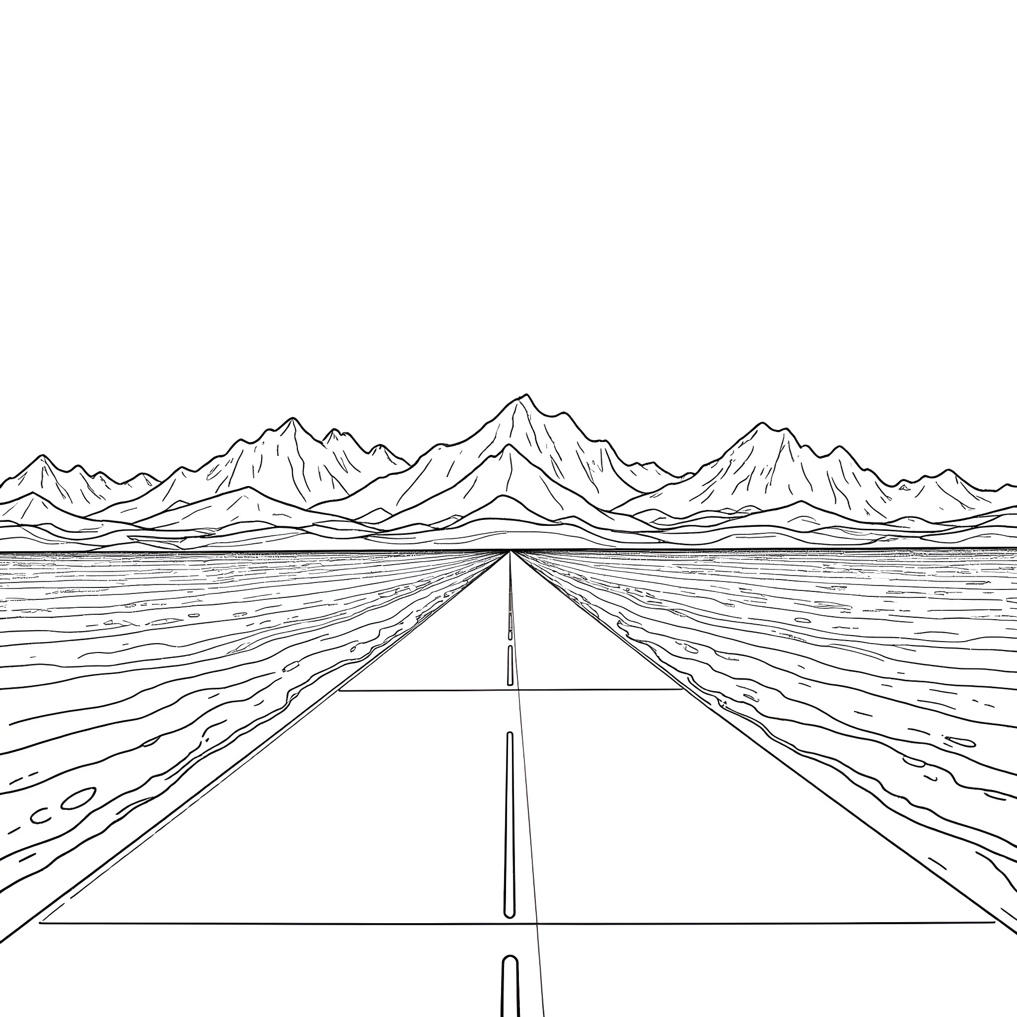 Area 51 landscape with long road leading to mountains Coloring Page (free black-and-white line drawing printable PDF for all, from beginners to advanced learners, including children, teens, adults, and seniors)