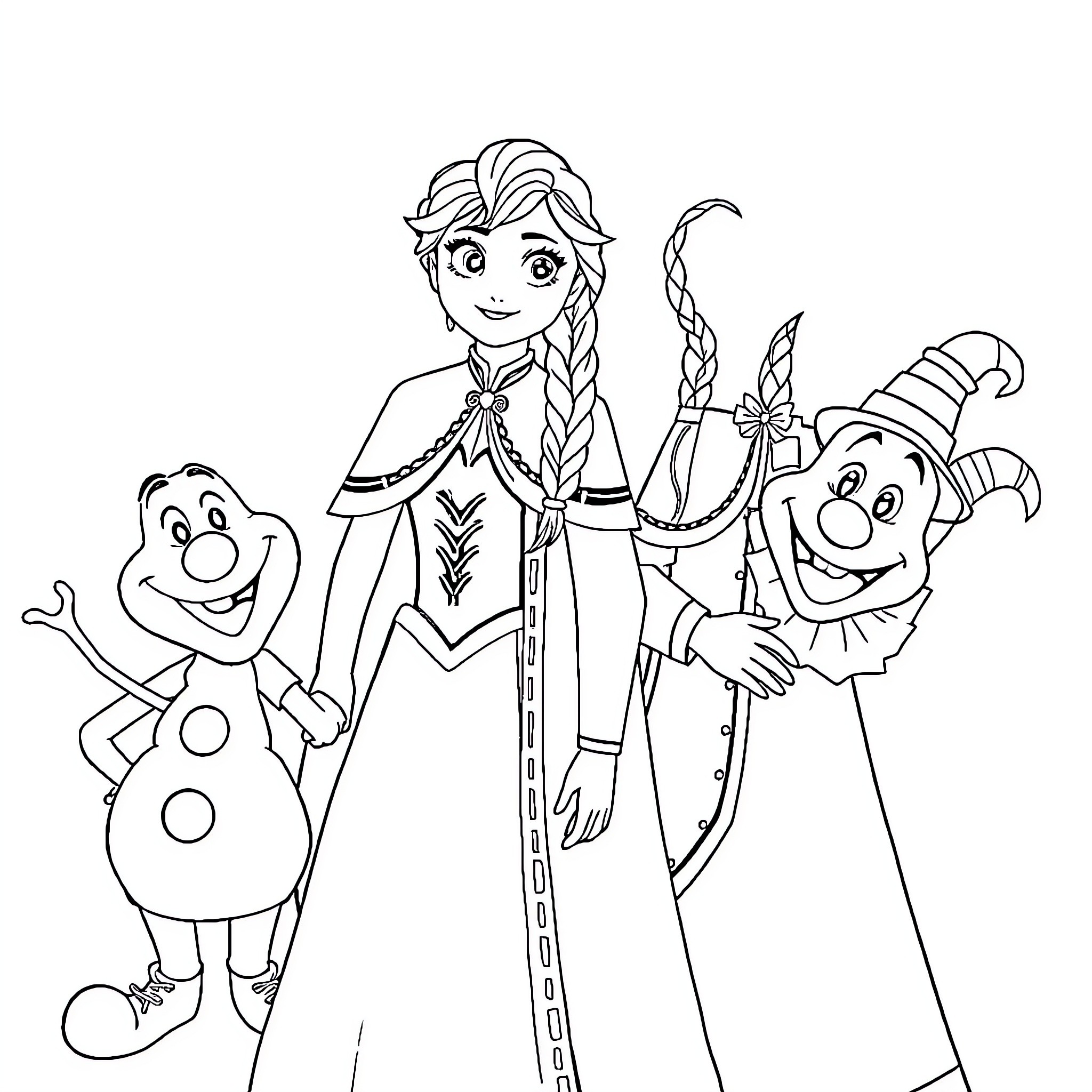 Elsa and friends in a playful winter scene Coloring Page (free black-and-white line drawing printable PDF for all, from beginners to advanced learners, including children, teens, adults, and seniors)
