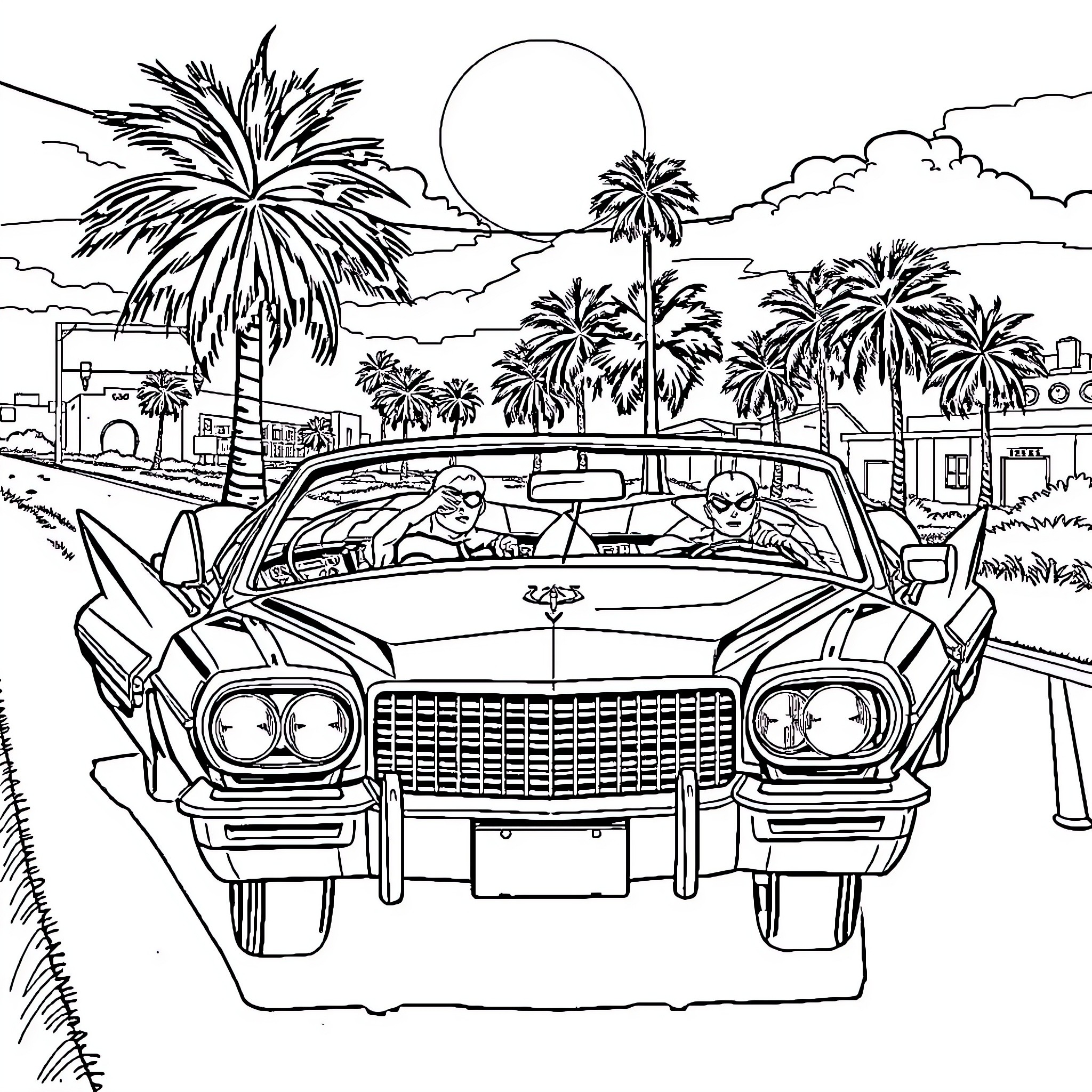 Superhero Cruising Through a Tropical Landscape Coloring Page (free black-and-white line drawing printable PDF for all, from beginners to advanced learners, including children, teens, adults, and seniors)