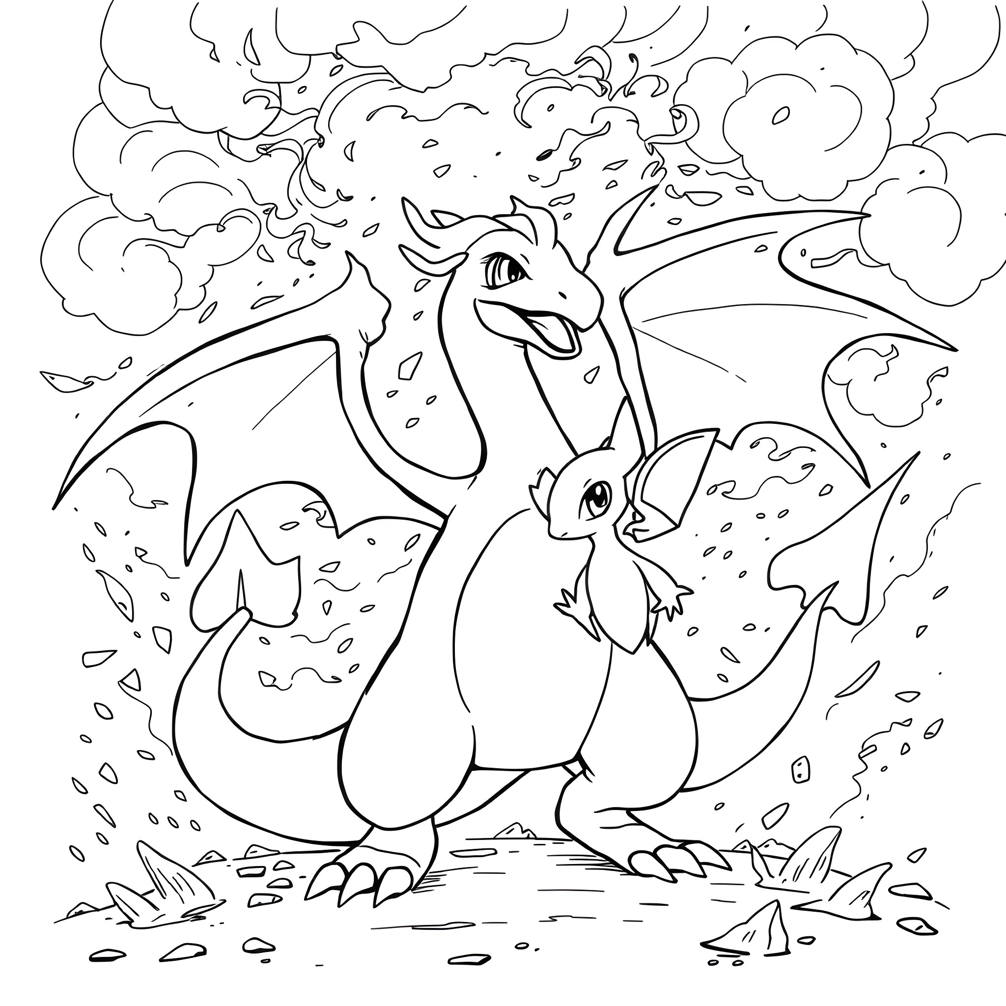 Charizard soaring through the fiery skies Coloring Page (free black-and-white line drawing printable PDF for all, from beginners to advanced learners, including children, teens, adults, and seniors)