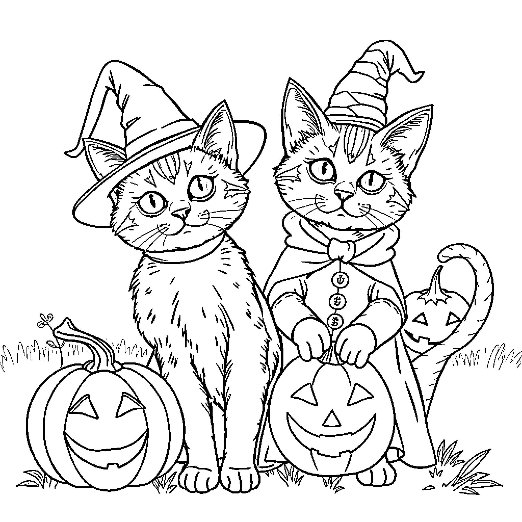 Cats in Whimsical Halloween Costumes Coloring Page (free black-and-white line drawing printable PDF for all, from beginners to advanced learners, including children, teens, adults, and seniors)
