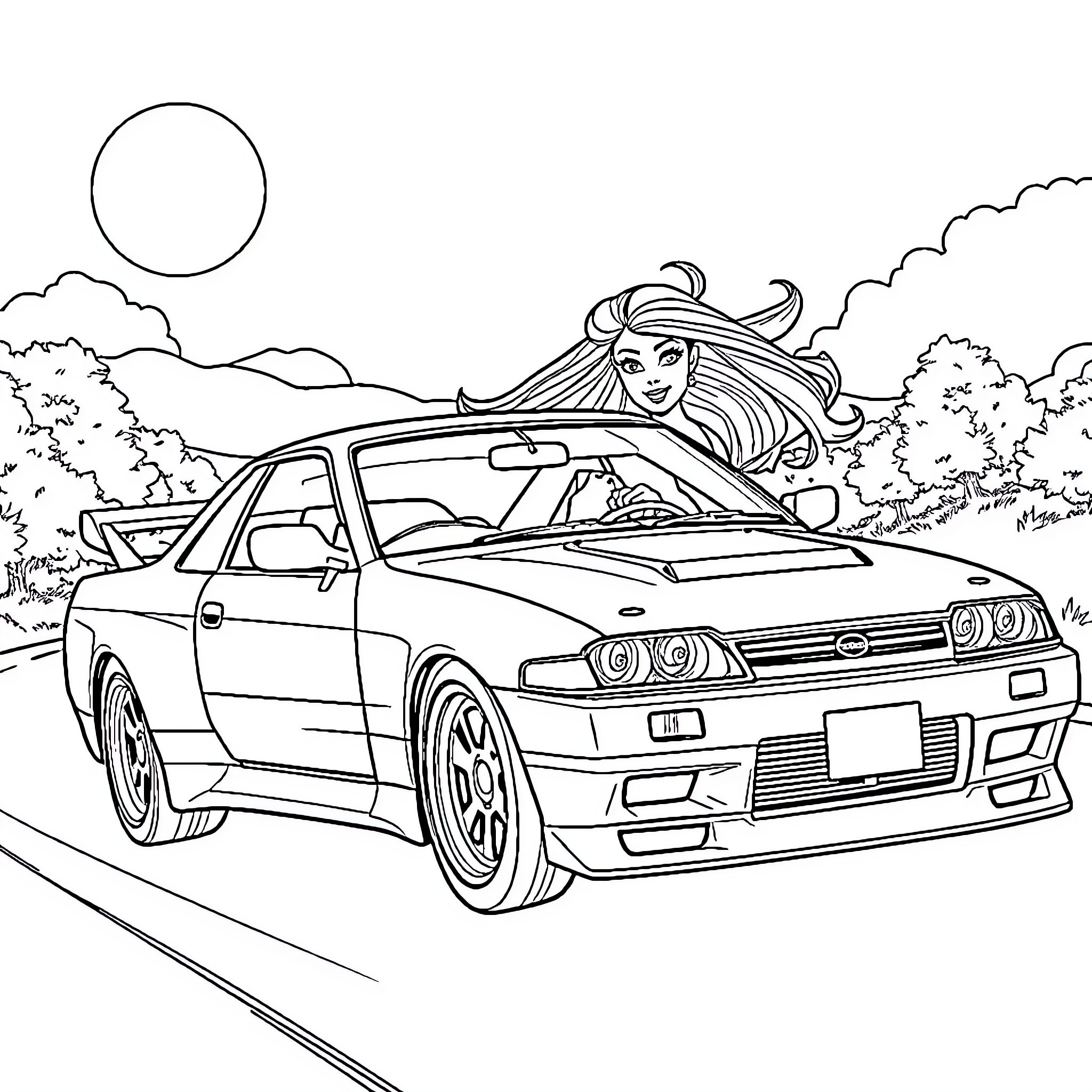 Barbie driving a racing car on a scenic road Coloring Page (free black-and-white line drawing printable PDF for all, from beginners to advanced learners, including children, teens, adults, and seniors)