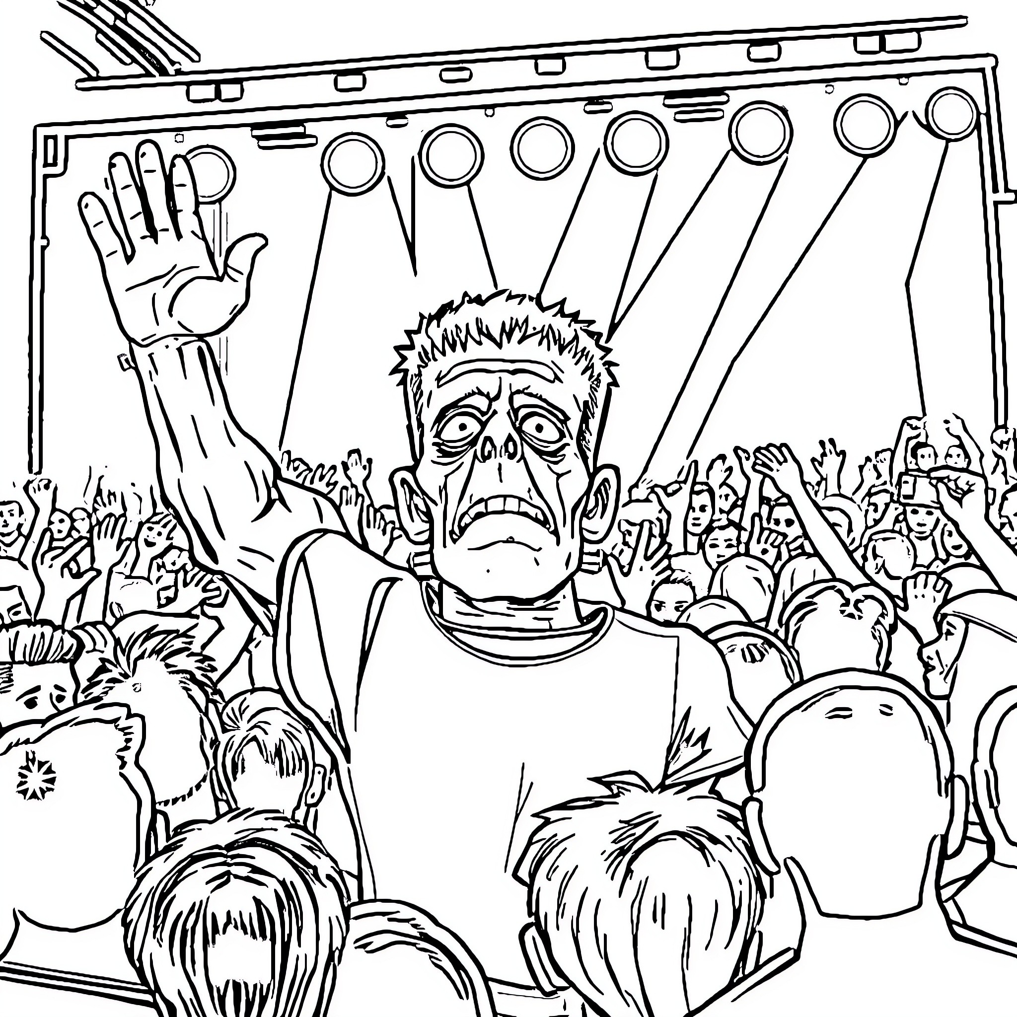 Frankenstein's creature among cheering crowd Coloring Page (free black-and-white line drawing printable PDF for all, from beginners to advanced learners, including children, teens, adults, and seniors)
