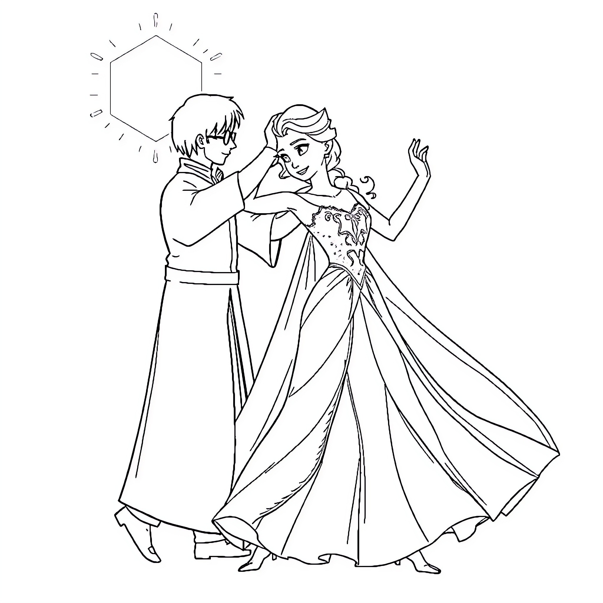 Elsa and Prince Charming dancing at the ball Coloring Page (free black-and-white line drawing printable PDF for all, from beginners to advanced learners, including children, teens, adults, and seniors)