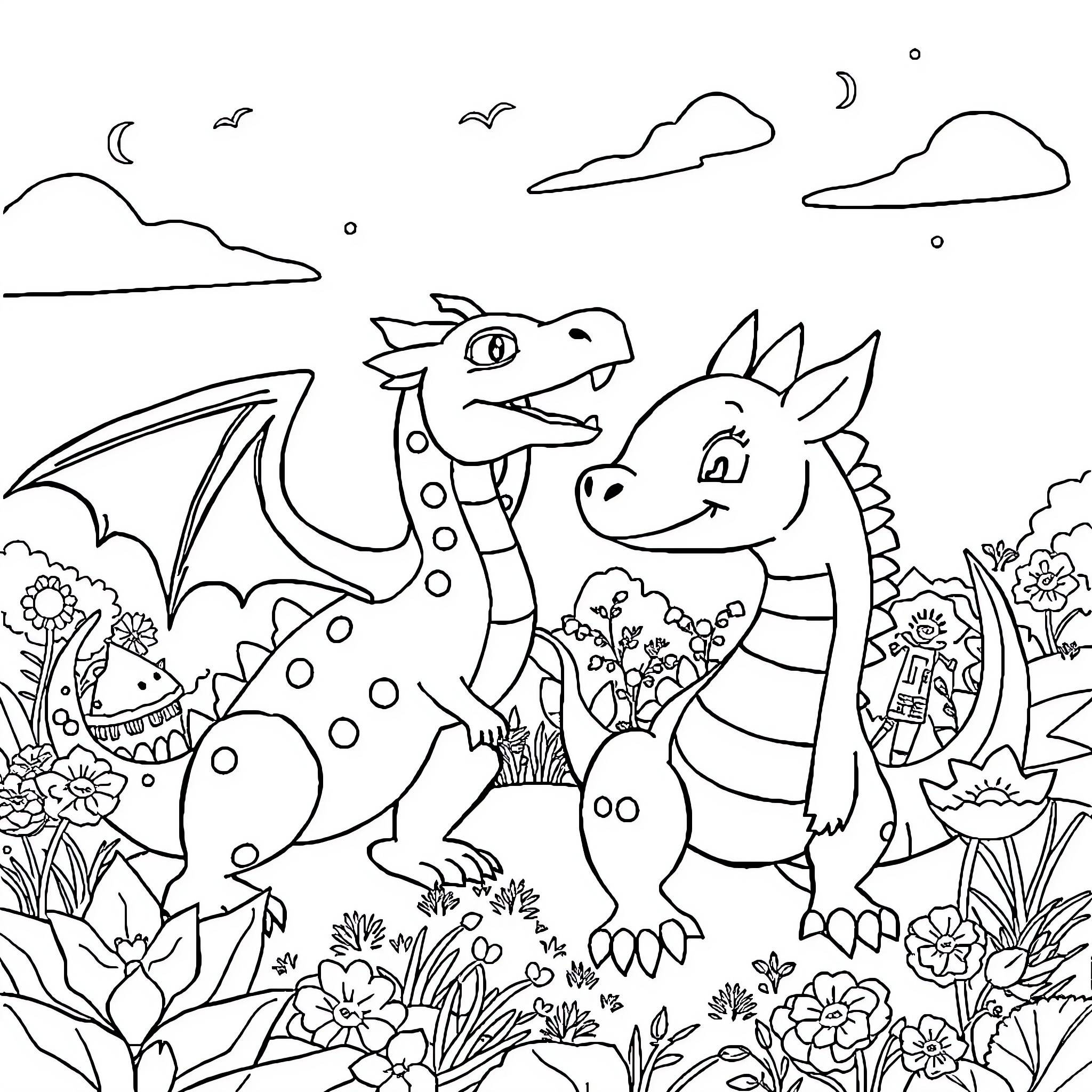 Toothless dragons exploring a magical landscape Coloring Page (free black-and-white line drawing printable PDF for all, from beginners to advanced learners, including children, teens, adults, and seniors)