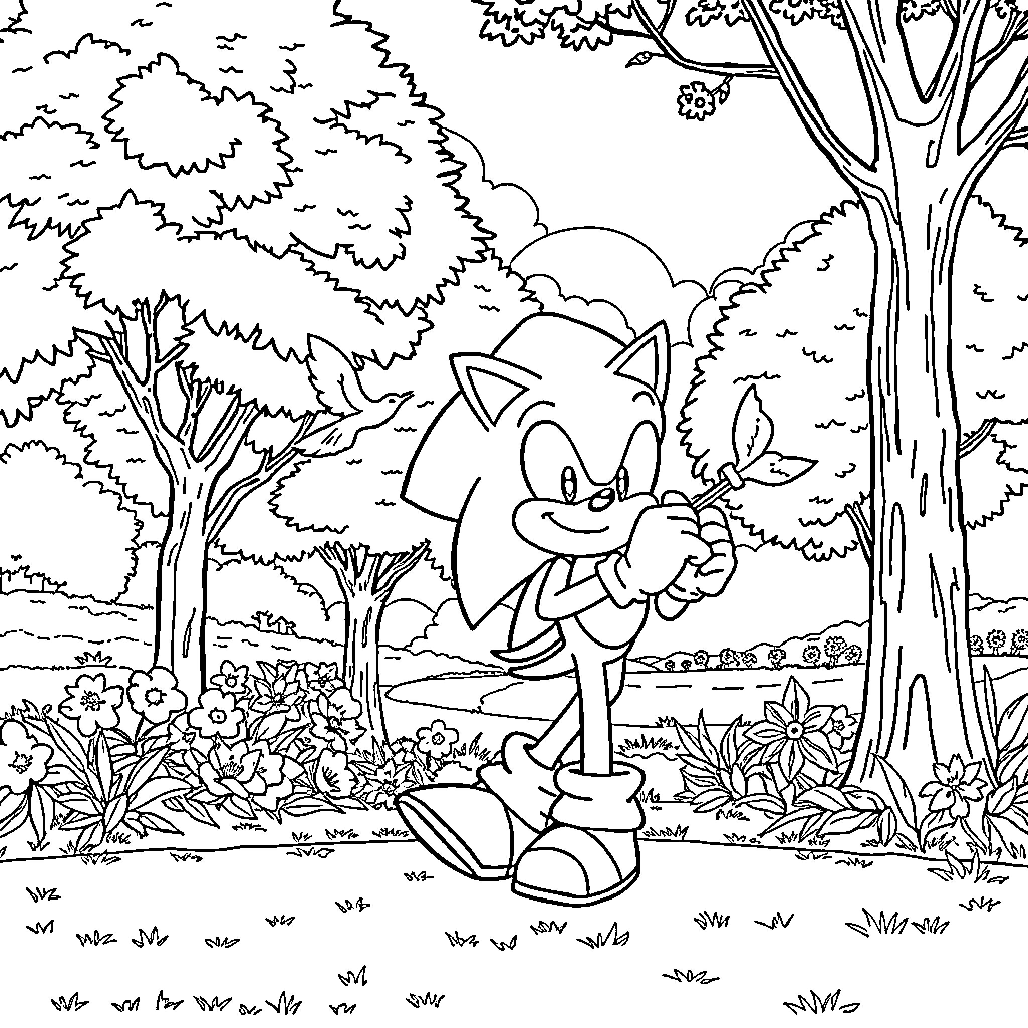 Sonic exploring the enchanting forest Coloring Page (free black-and-white line drawing printable PDF for all, from beginners to advanced learners, including children, teens, adults, and seniors)
