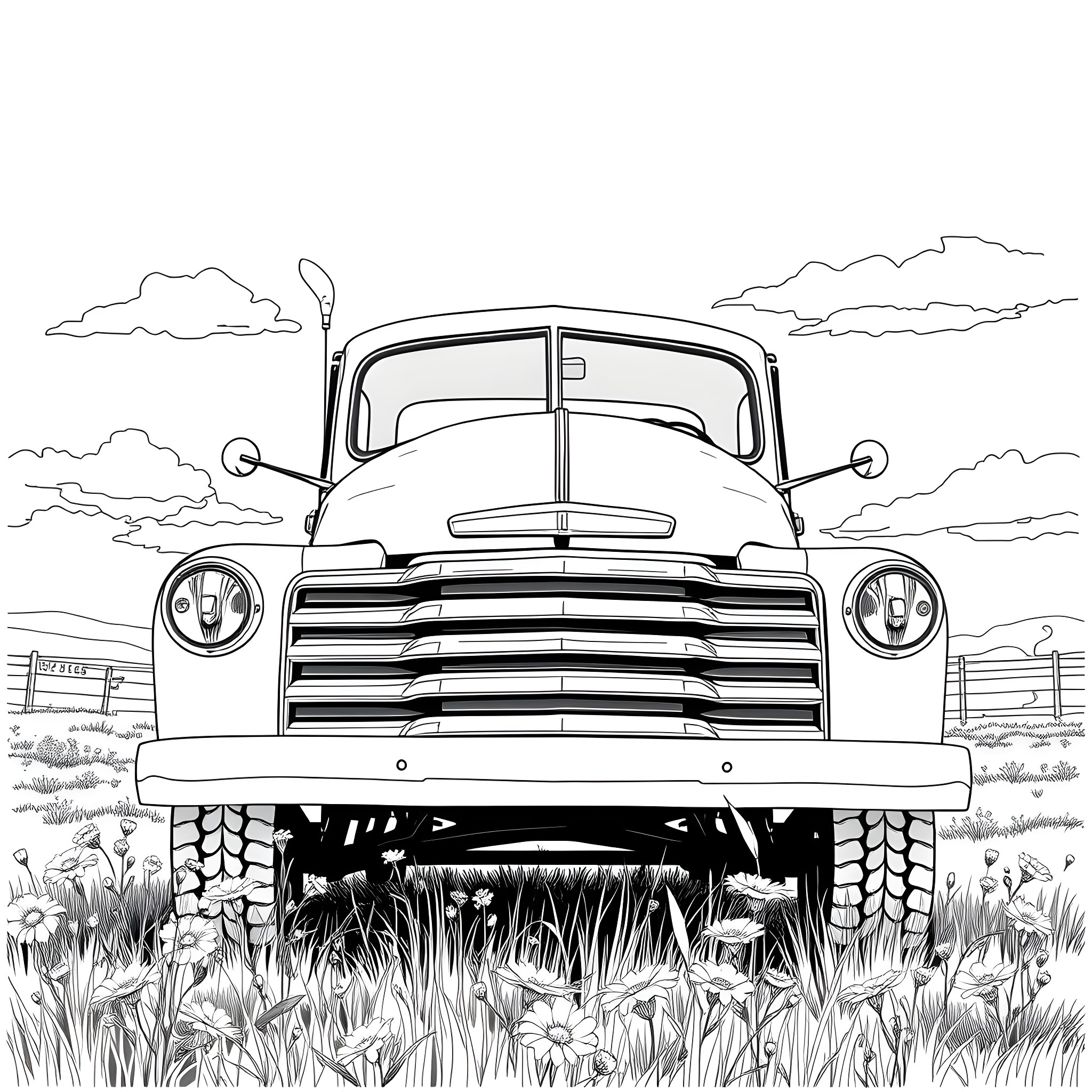 Truck parked in a grassy field with clouds Coloring Page (free black-and-white line drawing printable PDF for all, from beginners to advanced learners, including children, teens, adults, and seniors)