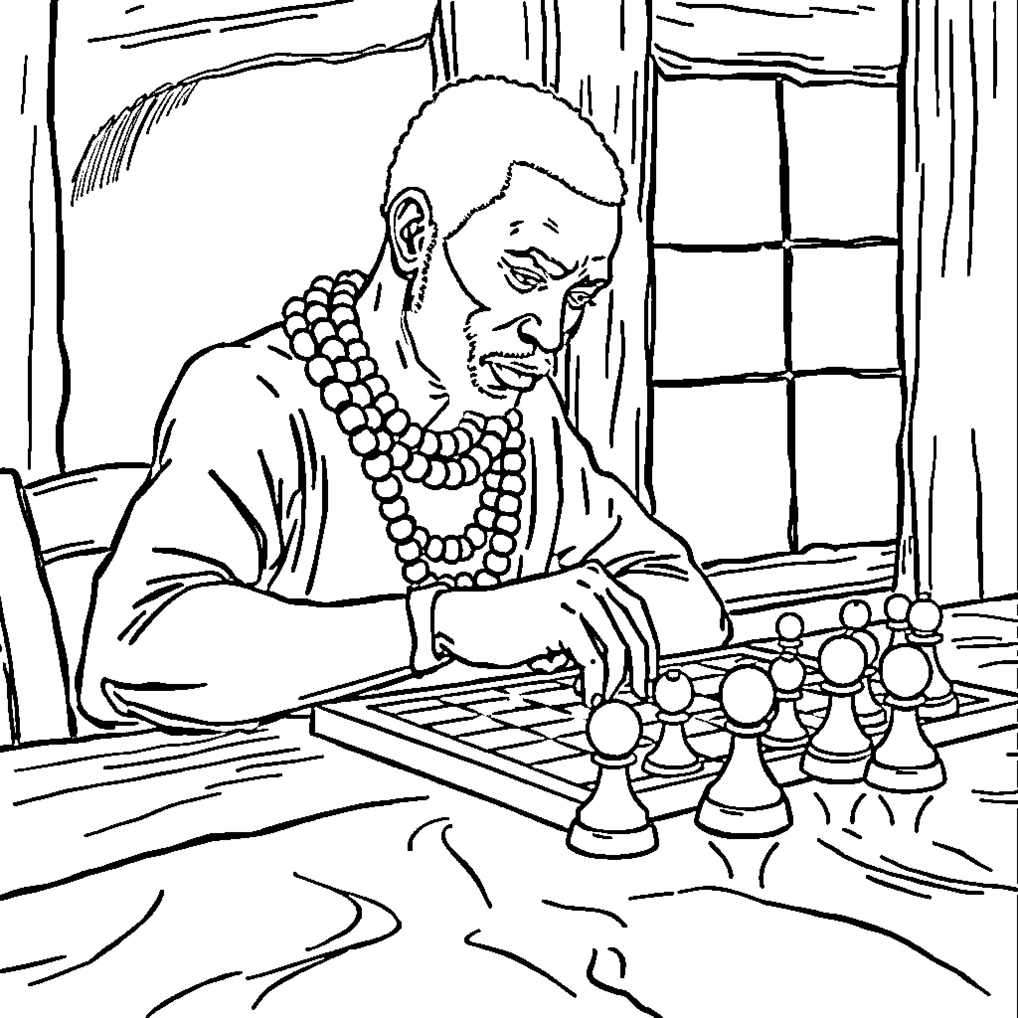 Labubu playing chess in a cozy room Coloring Page (free black-and-white line drawing printable PDF for all, from beginners to advanced learners, including children, teens, adults, and seniors)