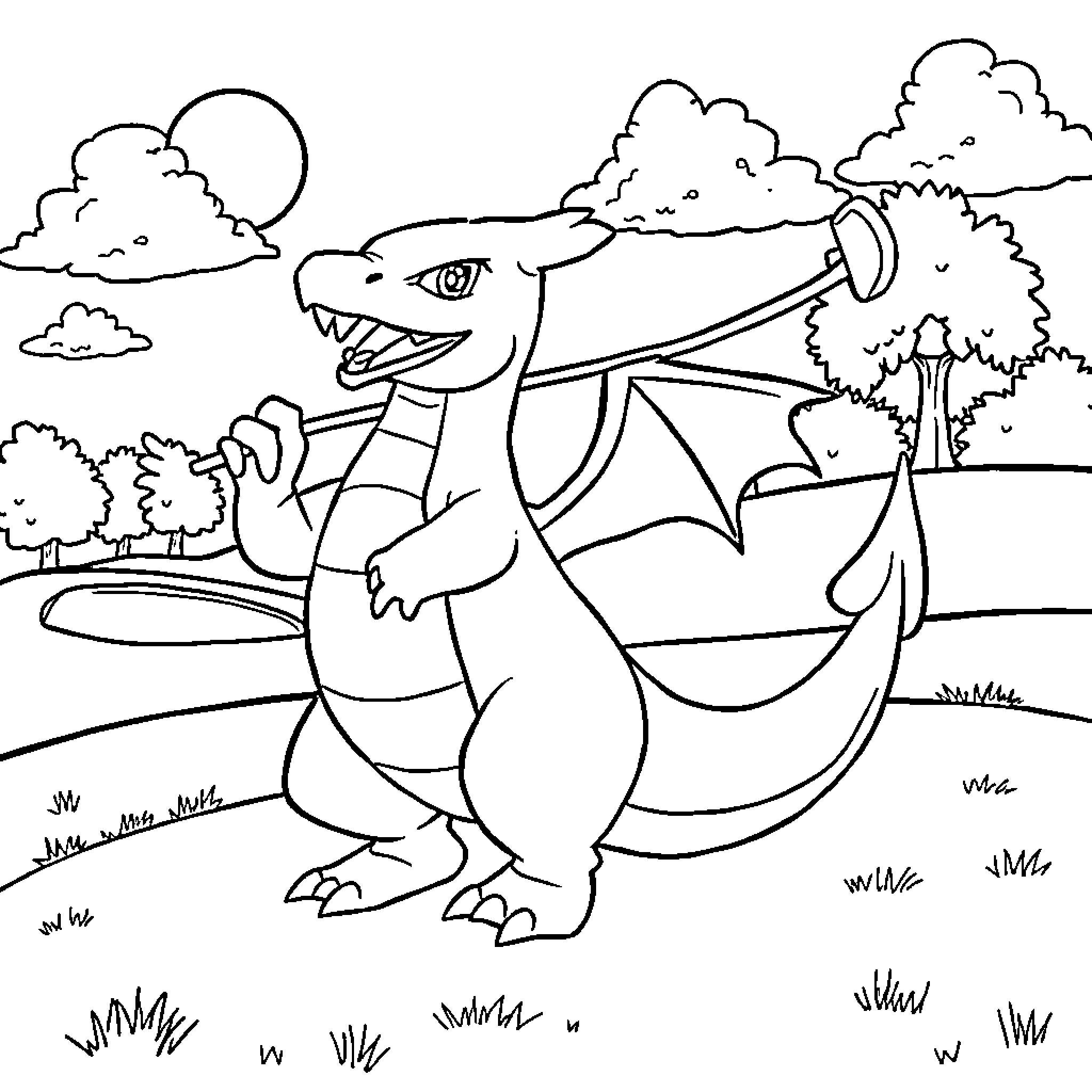 Charizard soaring through a scenic landscape Coloring Page (free black-and-white line drawing printable PDF for all, from beginners to advanced learners, including children, teens, adults, and seniors)