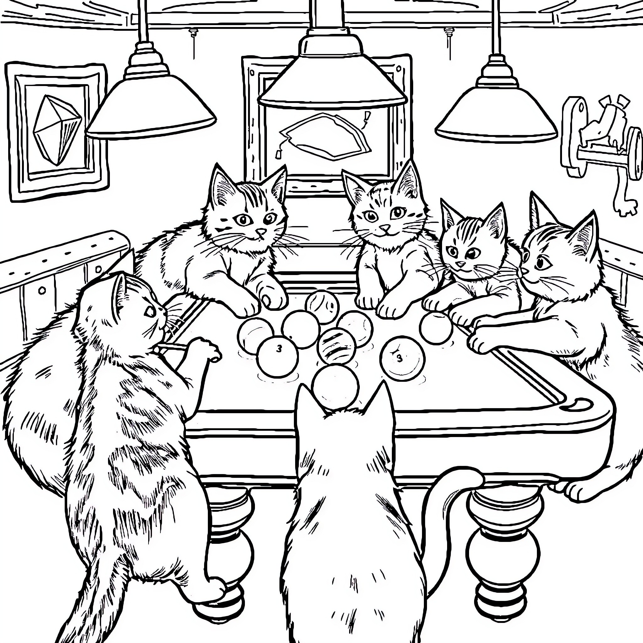 Cats playing together in a cozy living room Coloring Page (free black-and-white line drawing printable PDF for all, from beginners to advanced learners, including children, teens, adults, and seniors)