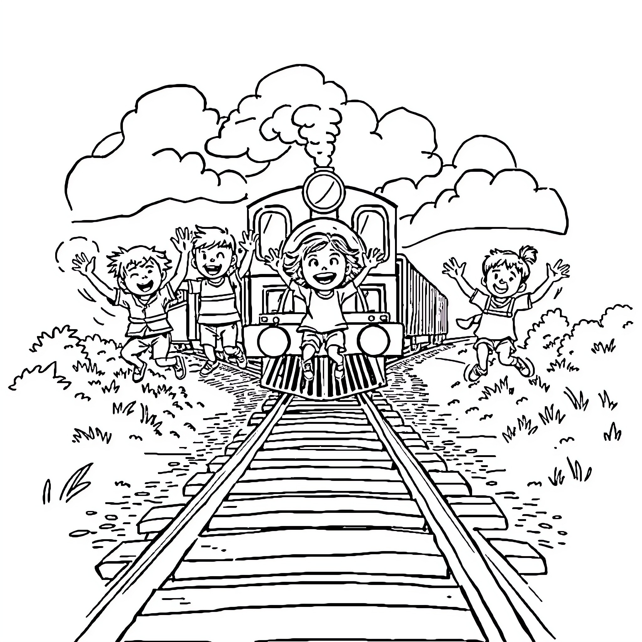 Train carrying happy children through scenic landscape Coloring Page (free black-and-white line drawing printable PDF for all, from beginners to advanced learners, including children, teens, adults, and seniors)