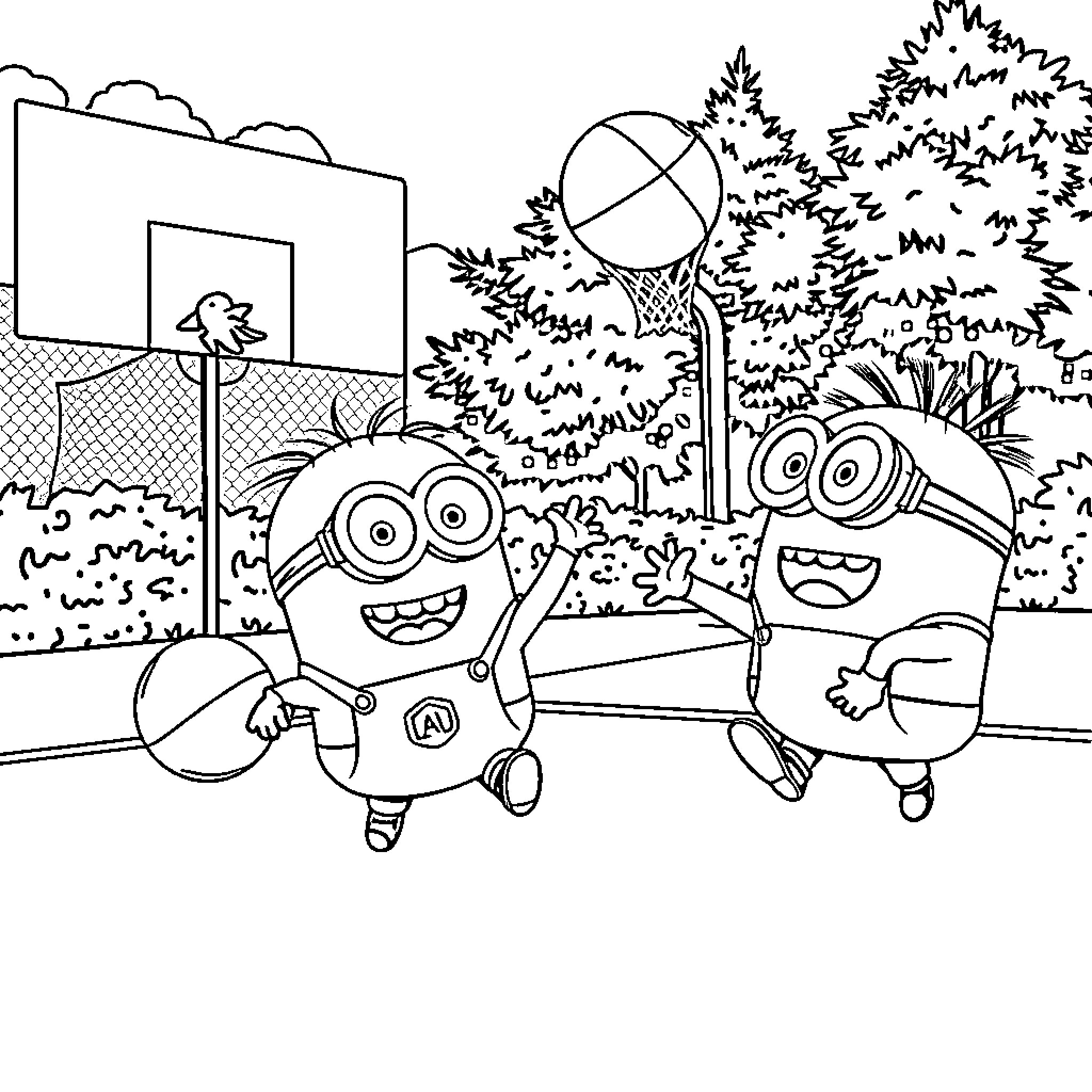 Minions playing basketball outdoors in a park Coloring Page (free black-and-white line drawing printable PDF for all, from beginners to advanced learners, including children, teens, adults, and seniors)