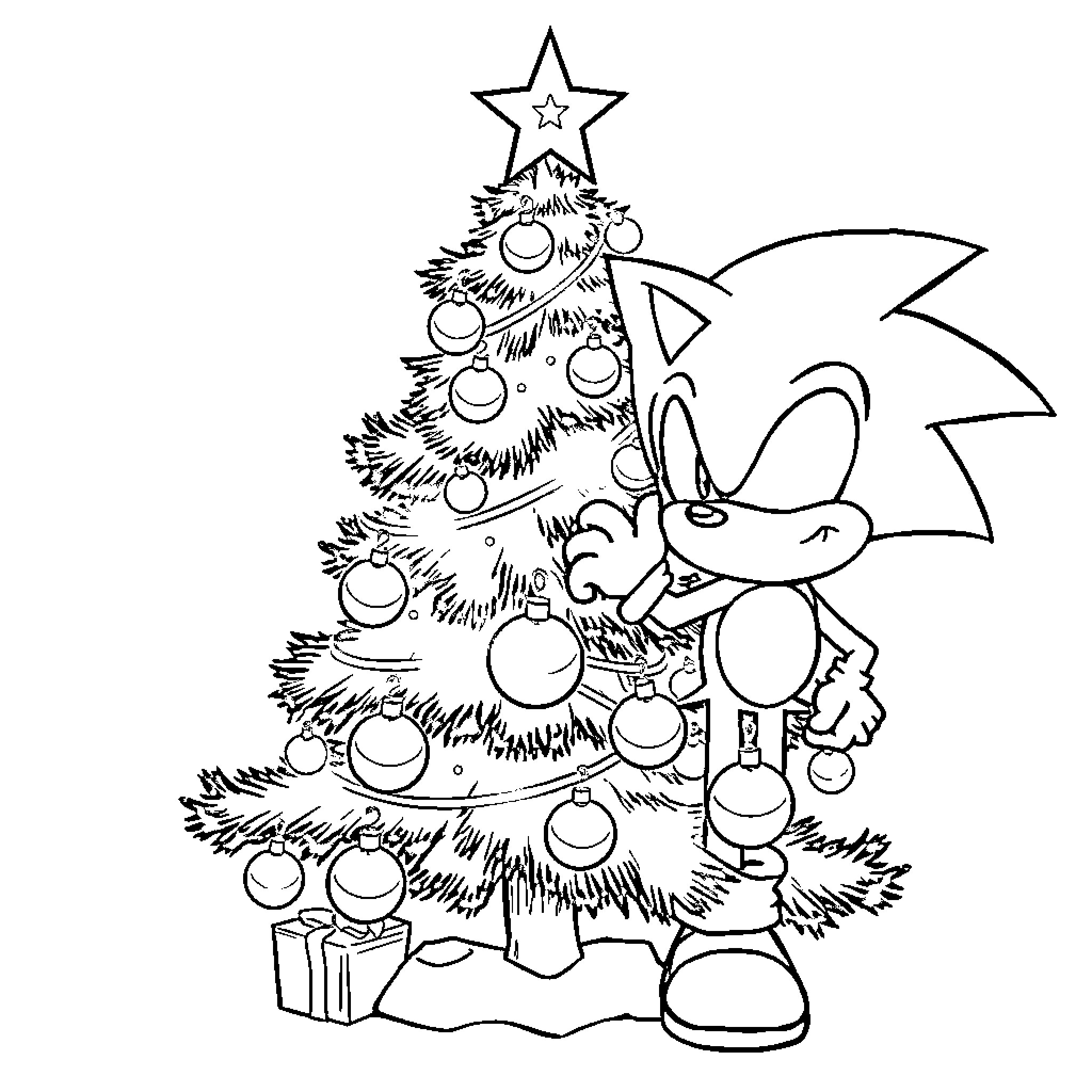 Sonic decorating festive Christmas tree Coloring Page (free black-and-white line drawing printable PDF for all, from beginners to advanced learners, including children, teens, adults, and seniors)