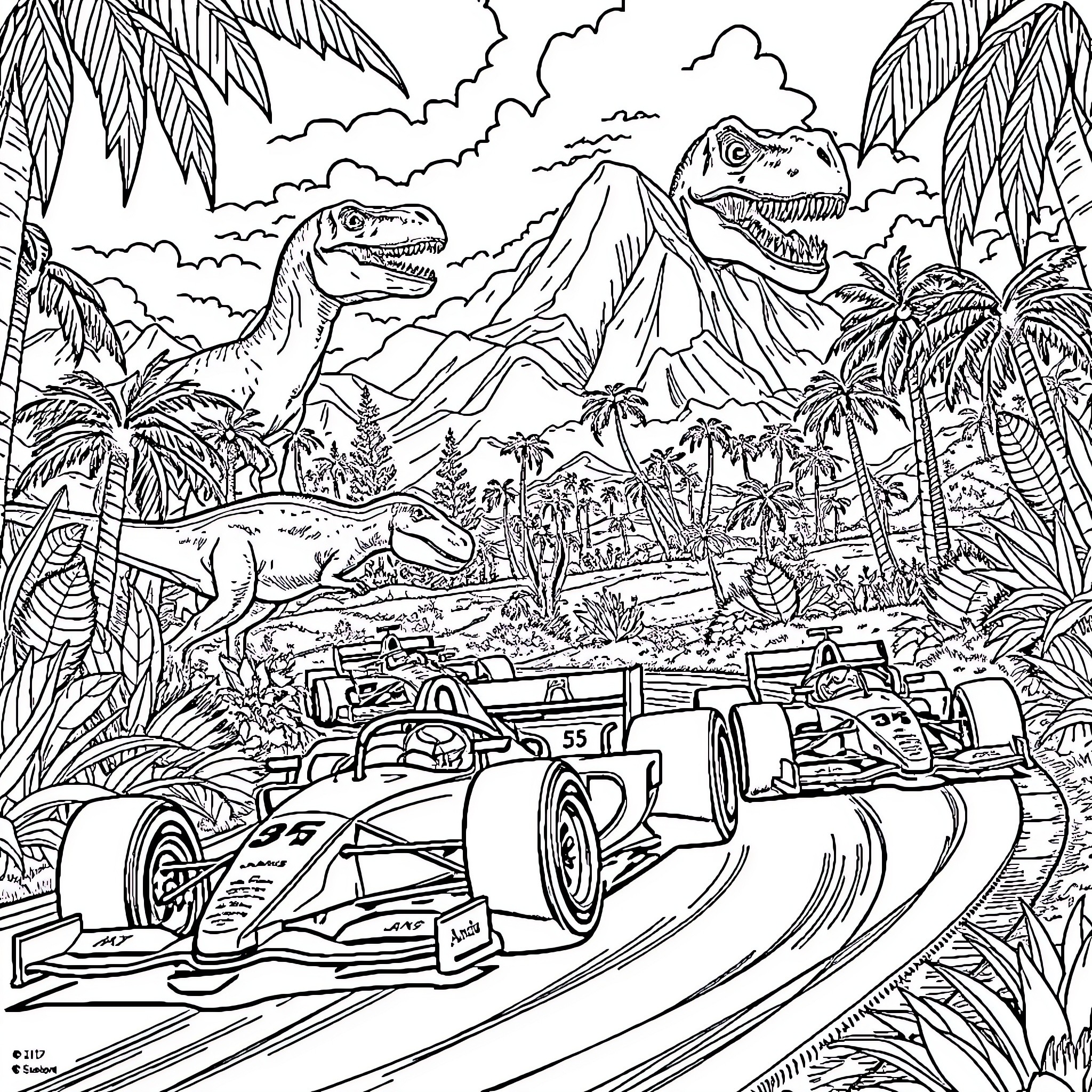 Formula One Racing Amidst Prehistoric Landscapes Coloring Page (free black-and-white line drawing printable PDF for all, from beginners to advanced learners, including children, teens, adults, and seniors)