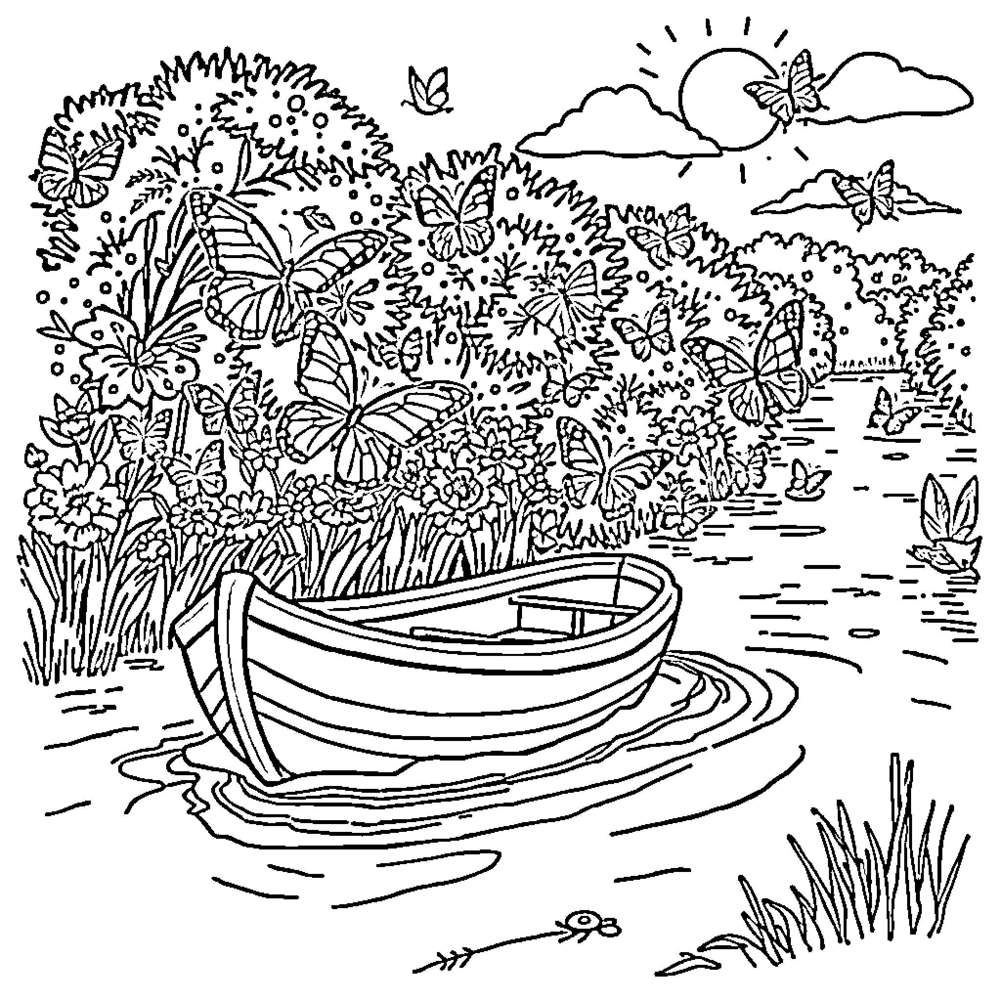 Butterfly meadow with a rowboat on the lake Coloring Page (free black-and-white line drawing printable PDF for all, from beginners to advanced learners, including children, teens, adults, and seniors)