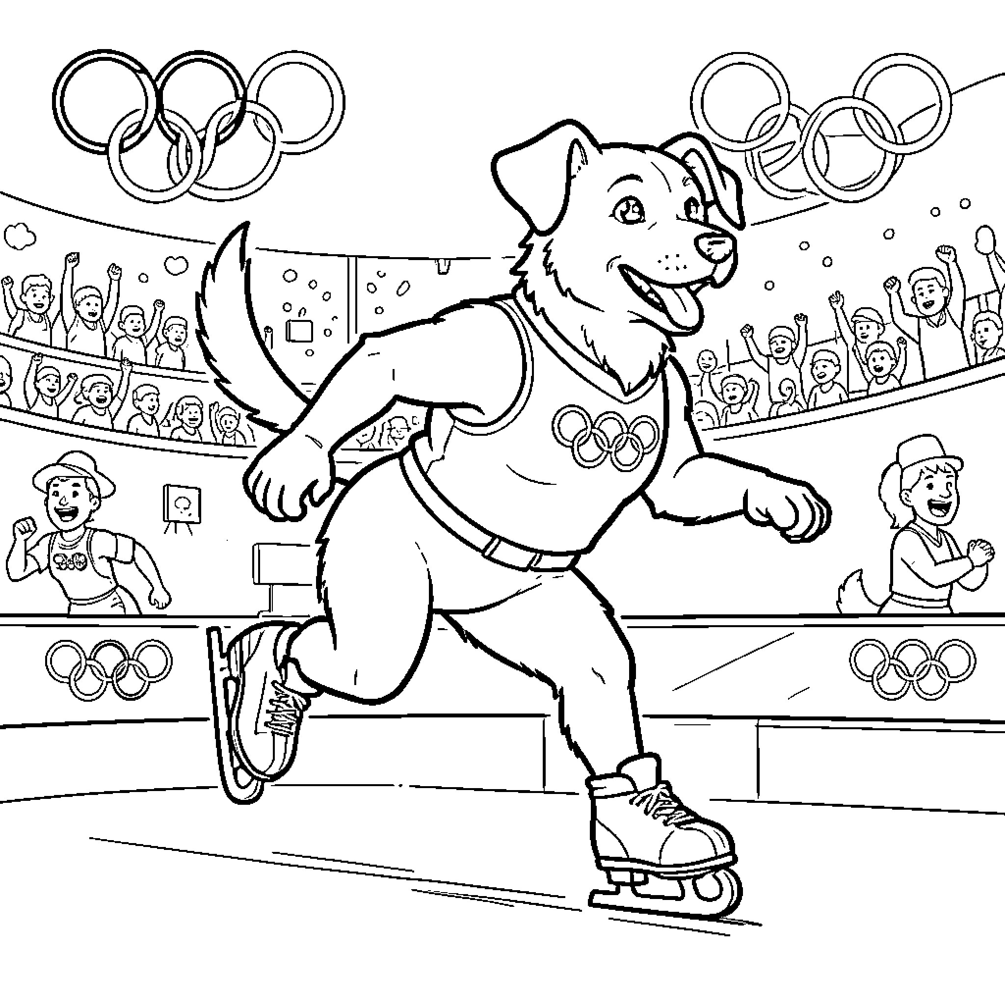 Dog competing in Olympic ice skating event Coloring Page (free black-and-white line drawing printable PDF for all, from beginners to advanced learners, including children, teens, adults, and seniors)