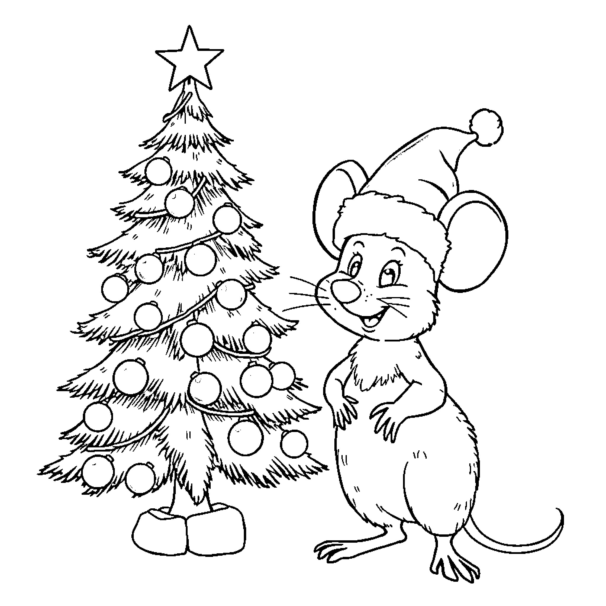 Mouse decorating Christmas tree with ornaments Coloring Page (free black-and-white line drawing printable PDF for all, from beginners to advanced learners, including children, teens, adults, and seniors)