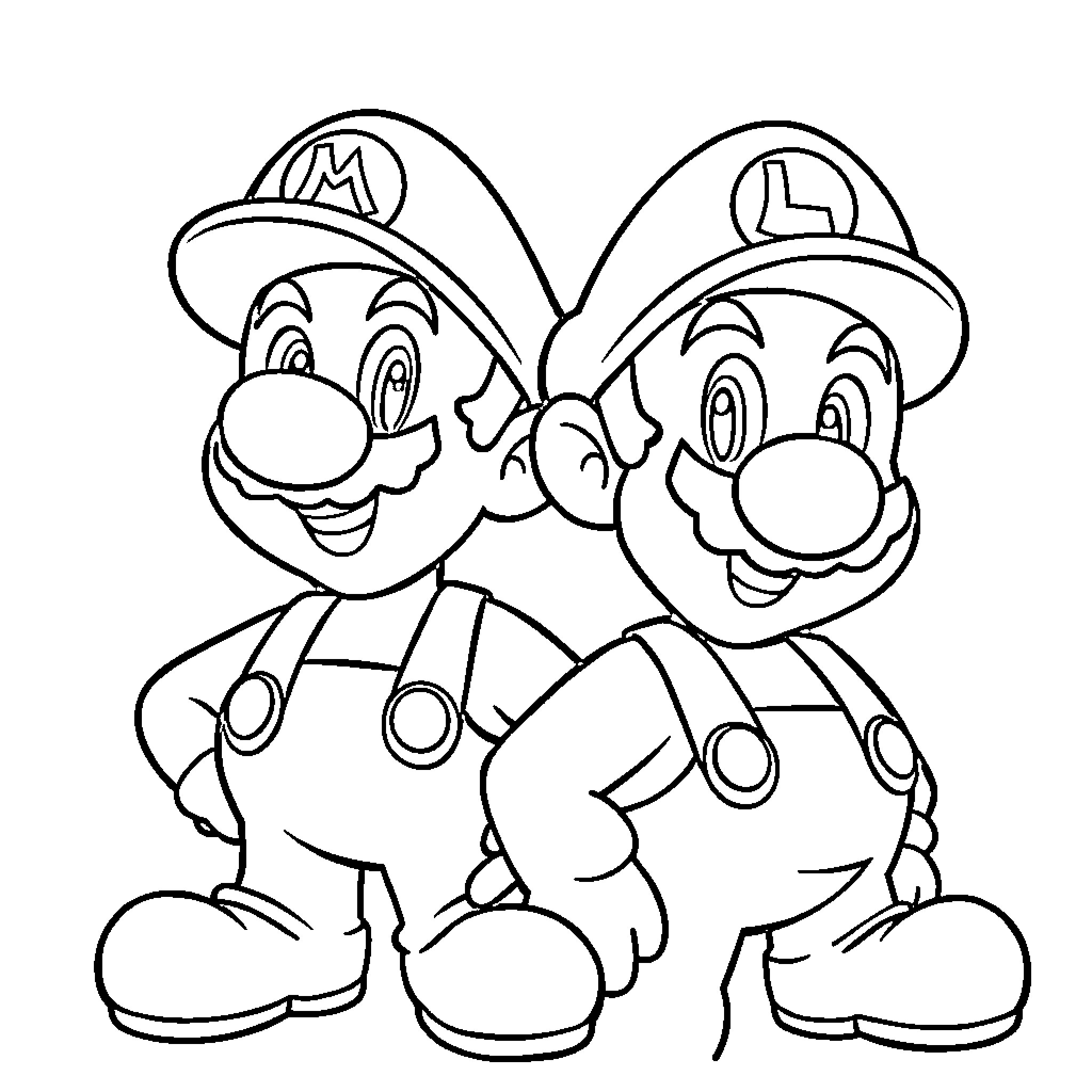 Mario Brothers dressed in iconic outfits standing together Coloring Page (free black-and-white line drawing printable PDF for all, from beginners to advanced learners, including children, teens, adults, and seniors)