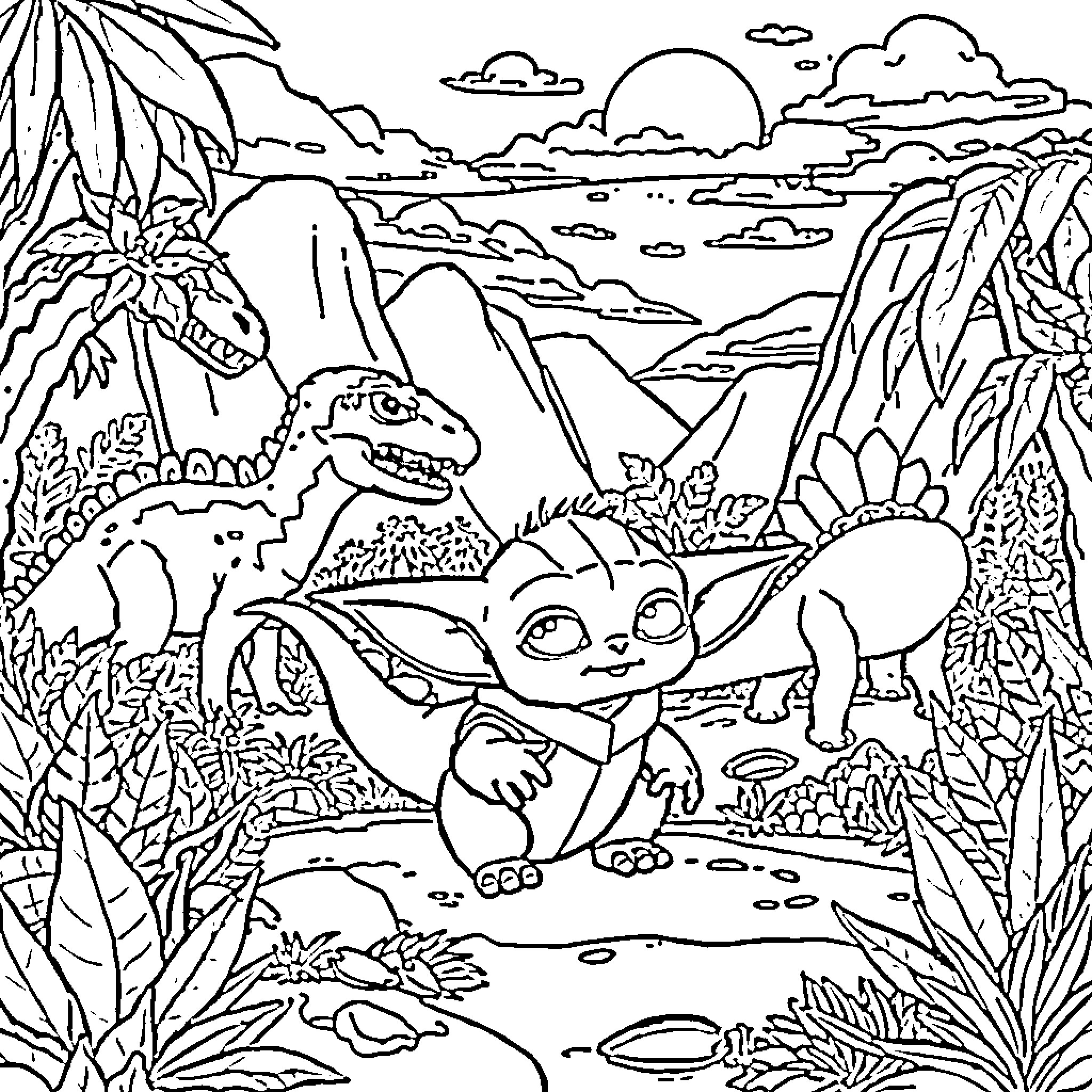Baby Yoda exploring a prehistoric landscape Coloring Page (free black-and-white line drawing printable PDF for all, from beginners to advanced learners, including children, teens, adults, and seniors)