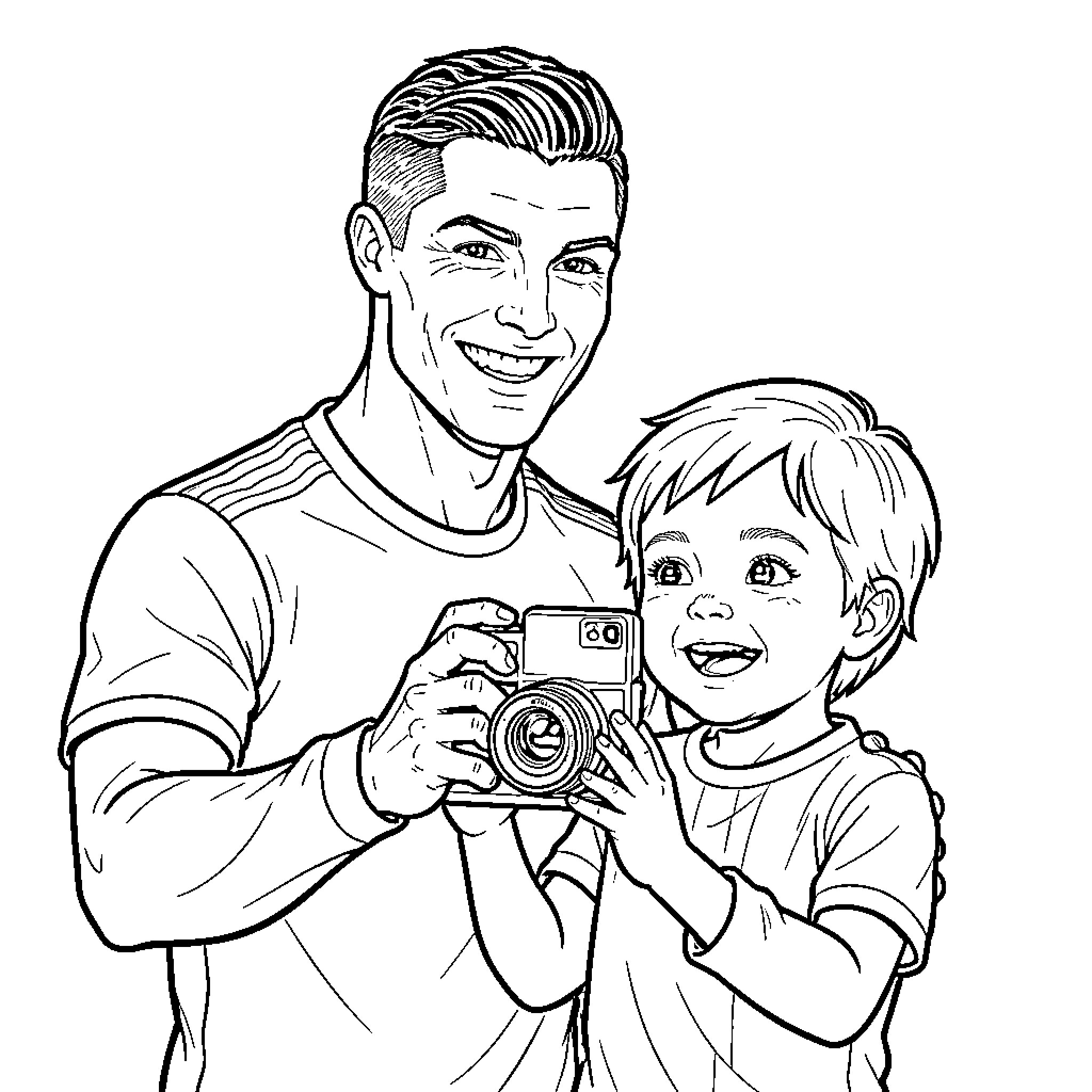 Cristiano Ronaldo smiling while holding a camera with a child Coloring Page (free black-and-white line drawing printable PDF for all, from beginners to advanced learners, including children, teens, adults, and seniors)