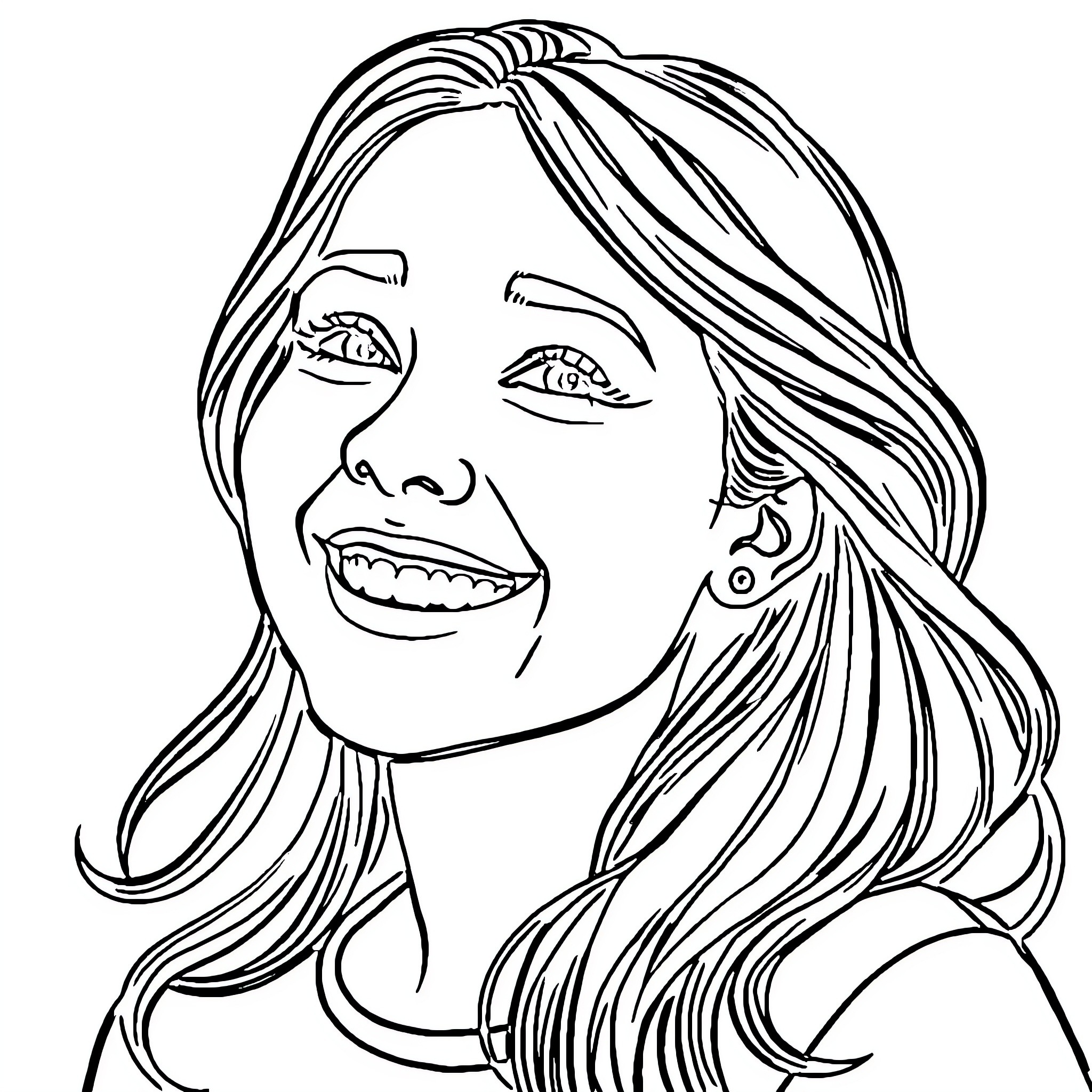 Name of smiling woman with long hair Coloring Page (free black-and-white line drawing printable PDF for all, from beginners to advanced learners, including children, teens, adults, and seniors)