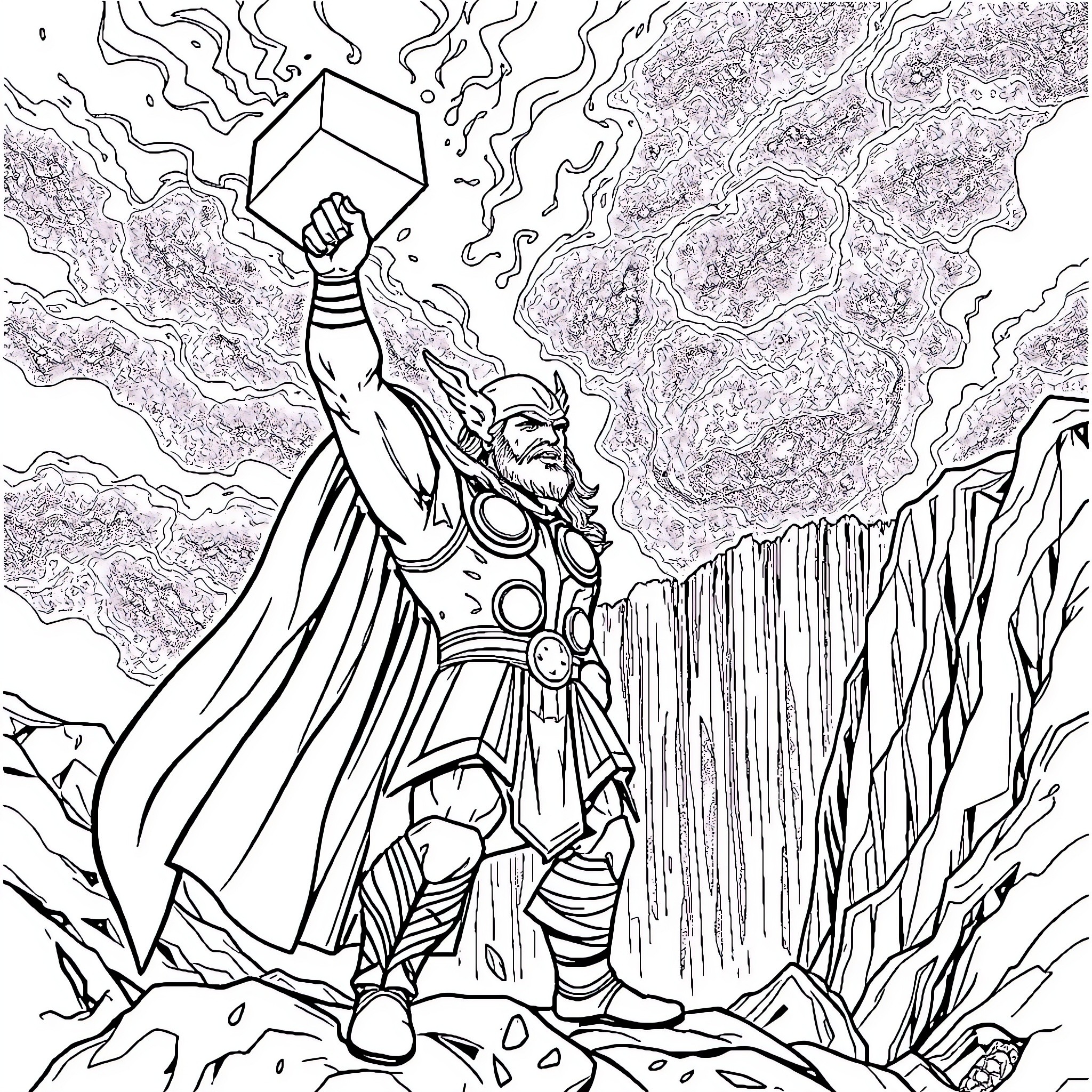 Thor Commanding the Storm with Mighty Hammer Coloring Page (free black-and-white line drawing printable PDF for all, from beginners to advanced learners, including children, teens, adults, and seniors)