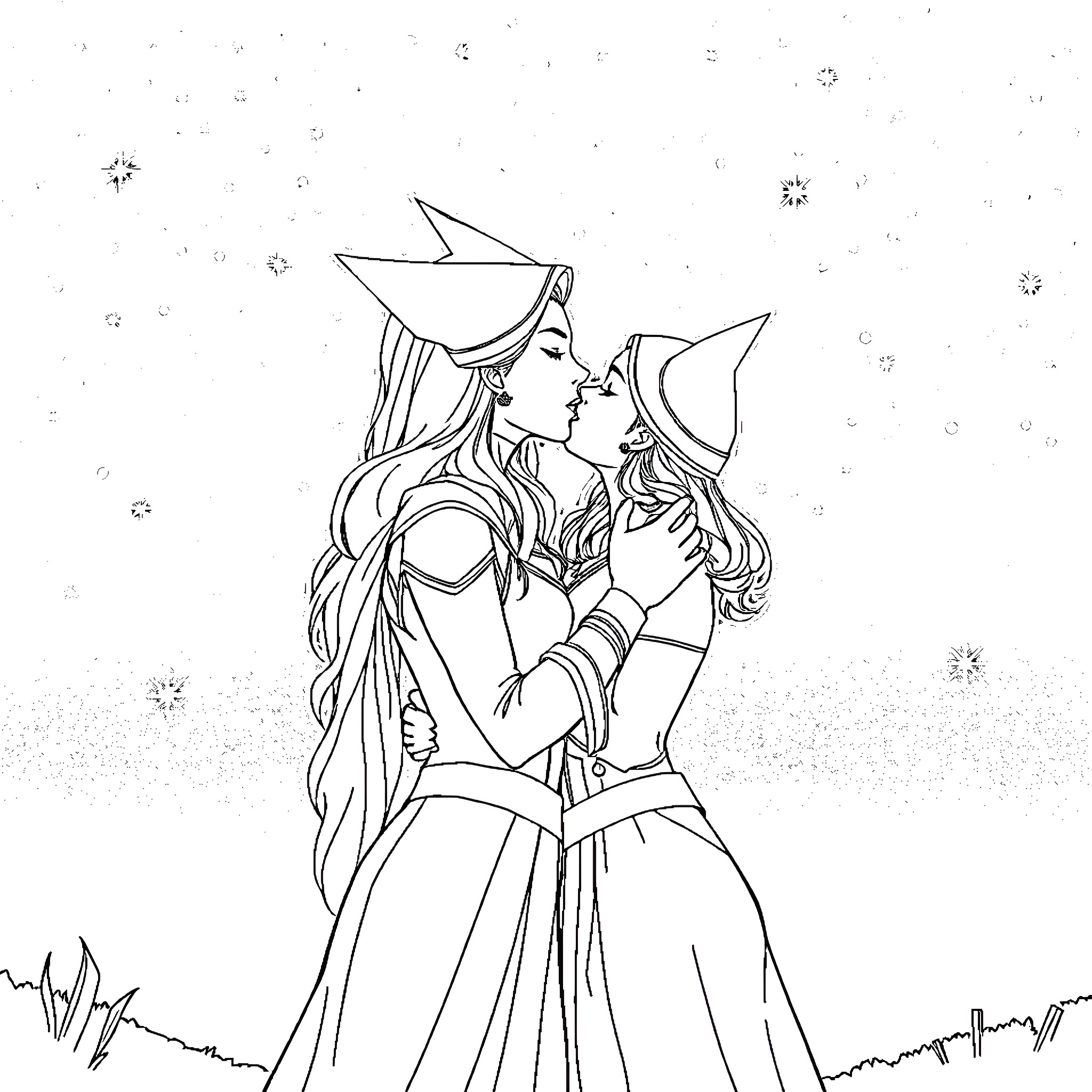 Scarlet Witch embracing her magical companion Coloring Page (free black-and-white line drawing printable PDF for all, from beginners to advanced learners, including children, teens, adults, and seniors)
