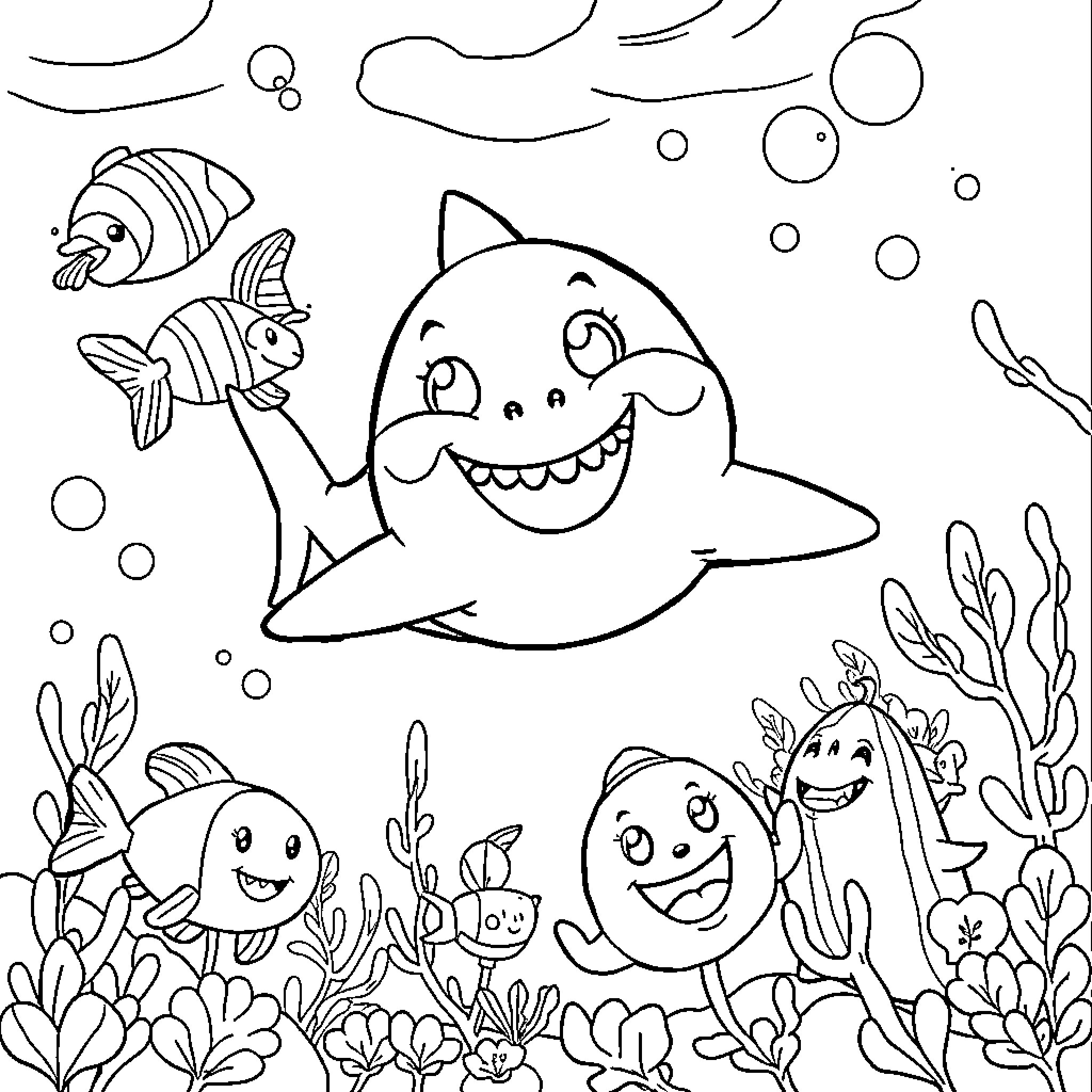 Baby Shark playing joyfully with undersea friends Coloring Page (free black-and-white line drawing printable PDF for all, from beginners to advanced learners, including children, teens, adults, and seniors)