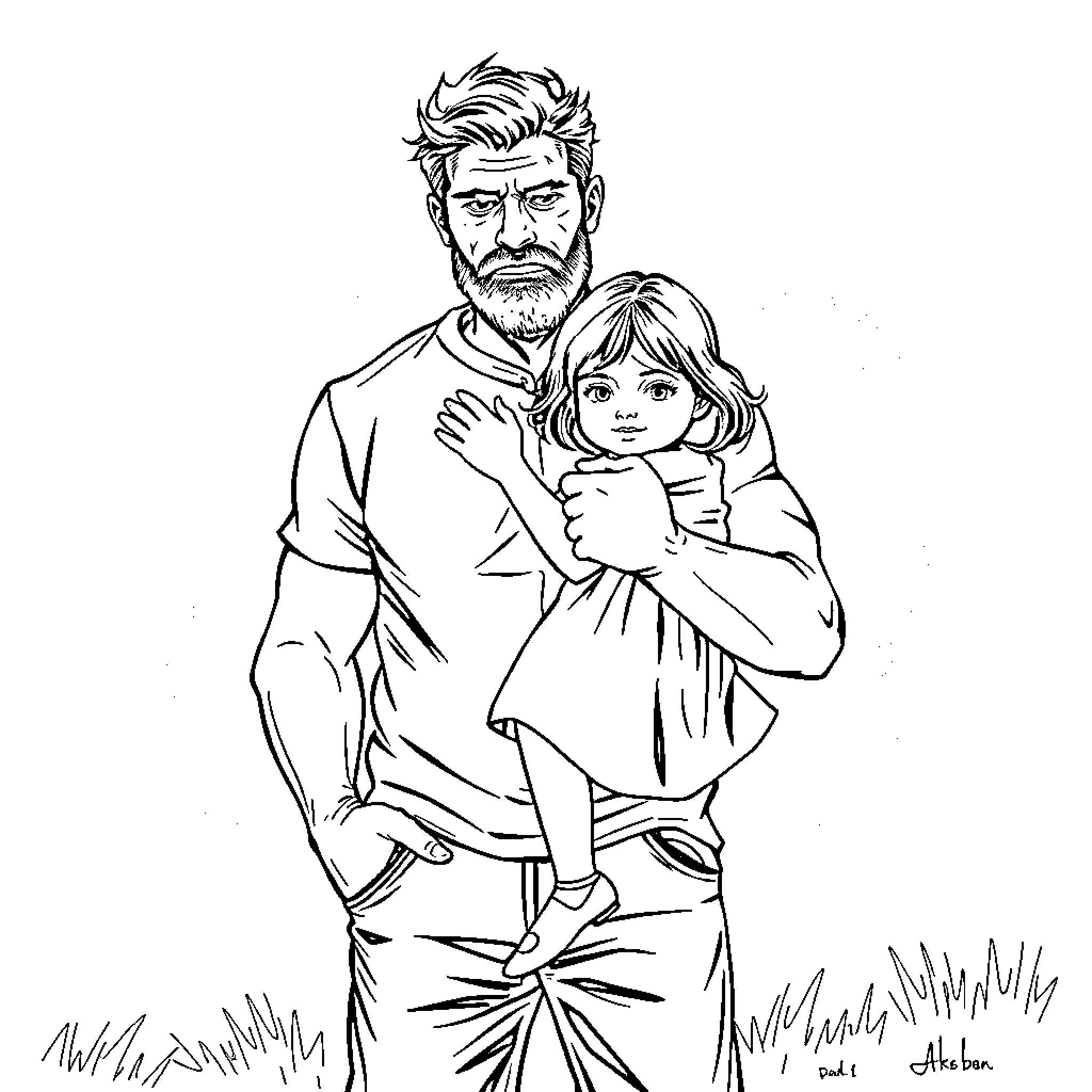 Dad embraces daughter with care and affection Coloring Page (free black-and-white line drawing printable PDF for all, from beginners to advanced learners, including children, teens, adults, and seniors)