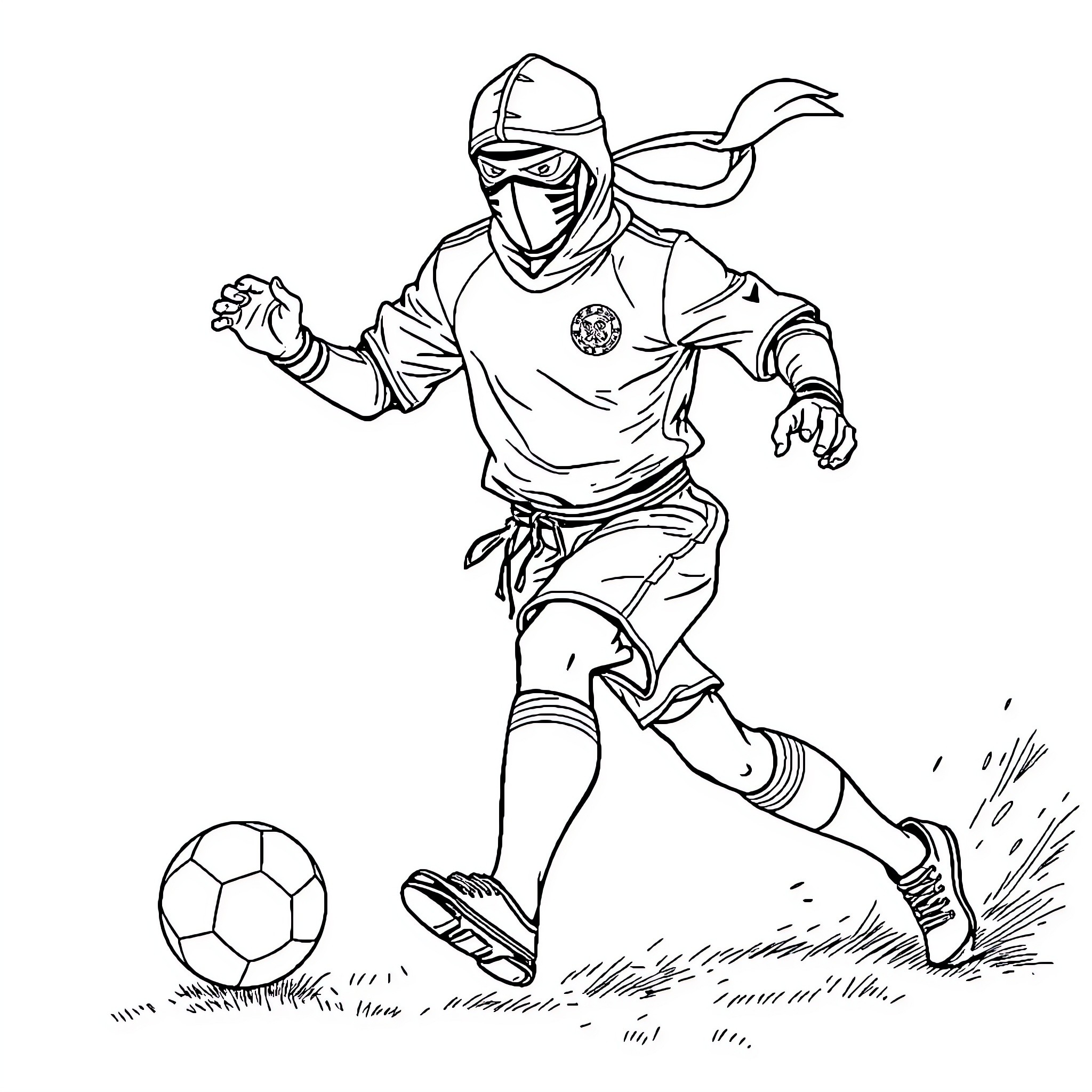Ninja kicking soccer ball on field Coloring Page (free black-and-white line drawing printable PDF for all, from beginners to advanced learners, including children, teens, adults, and seniors)