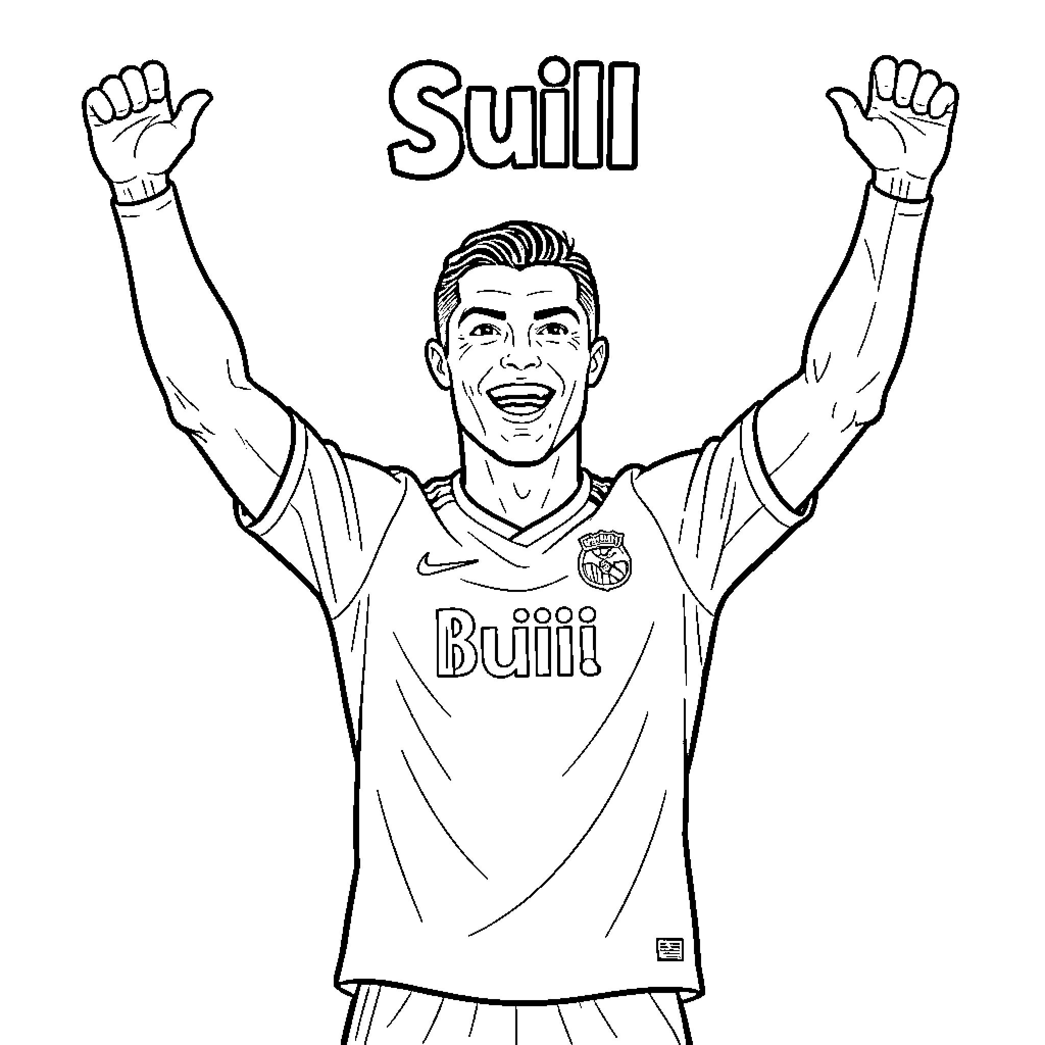 Cristiano Ronaldo celebrating a goal with arms raised Coloring Page (free black-and-white line drawing printable PDF for all, from beginners to advanced learners, including children, teens, adults, and seniors)