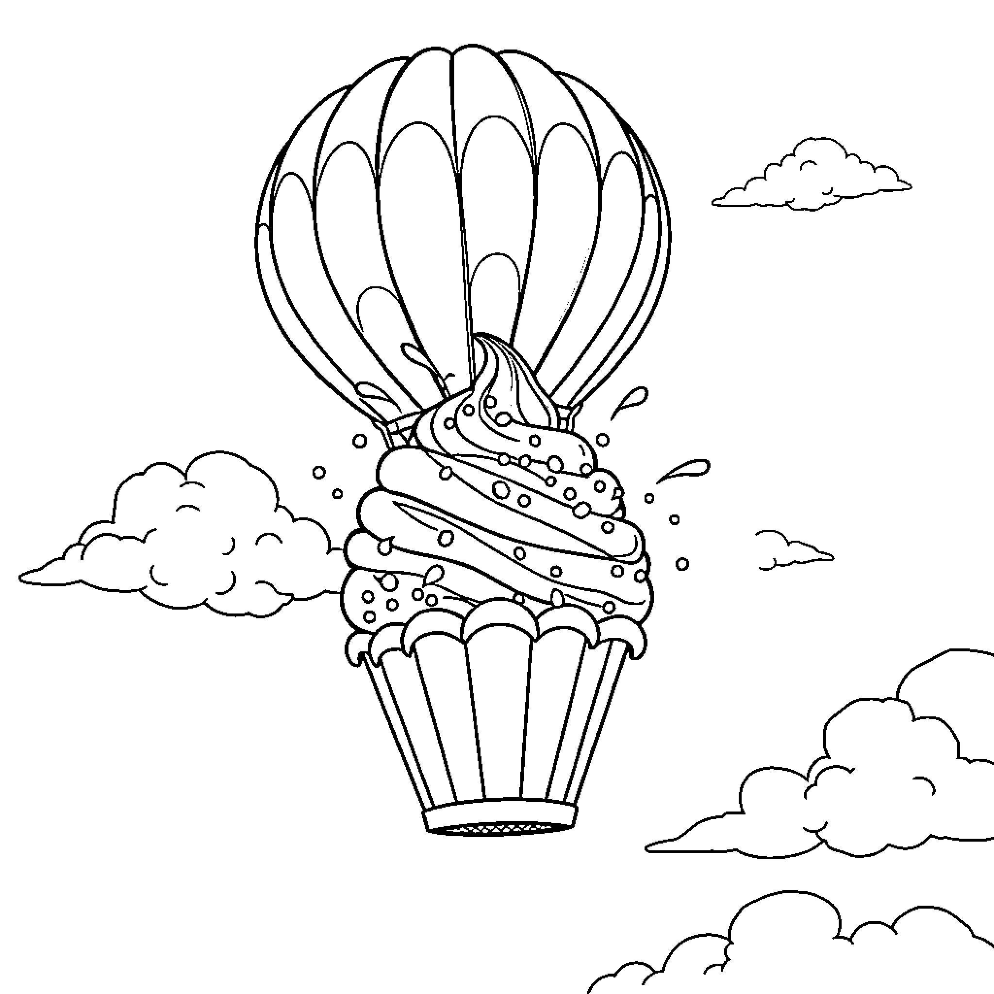 Cupcake flying high in the sky Coloring Page (free black-and-white line drawing printable PDF for all, from beginners to advanced learners, including children, teens, adults, and seniors)