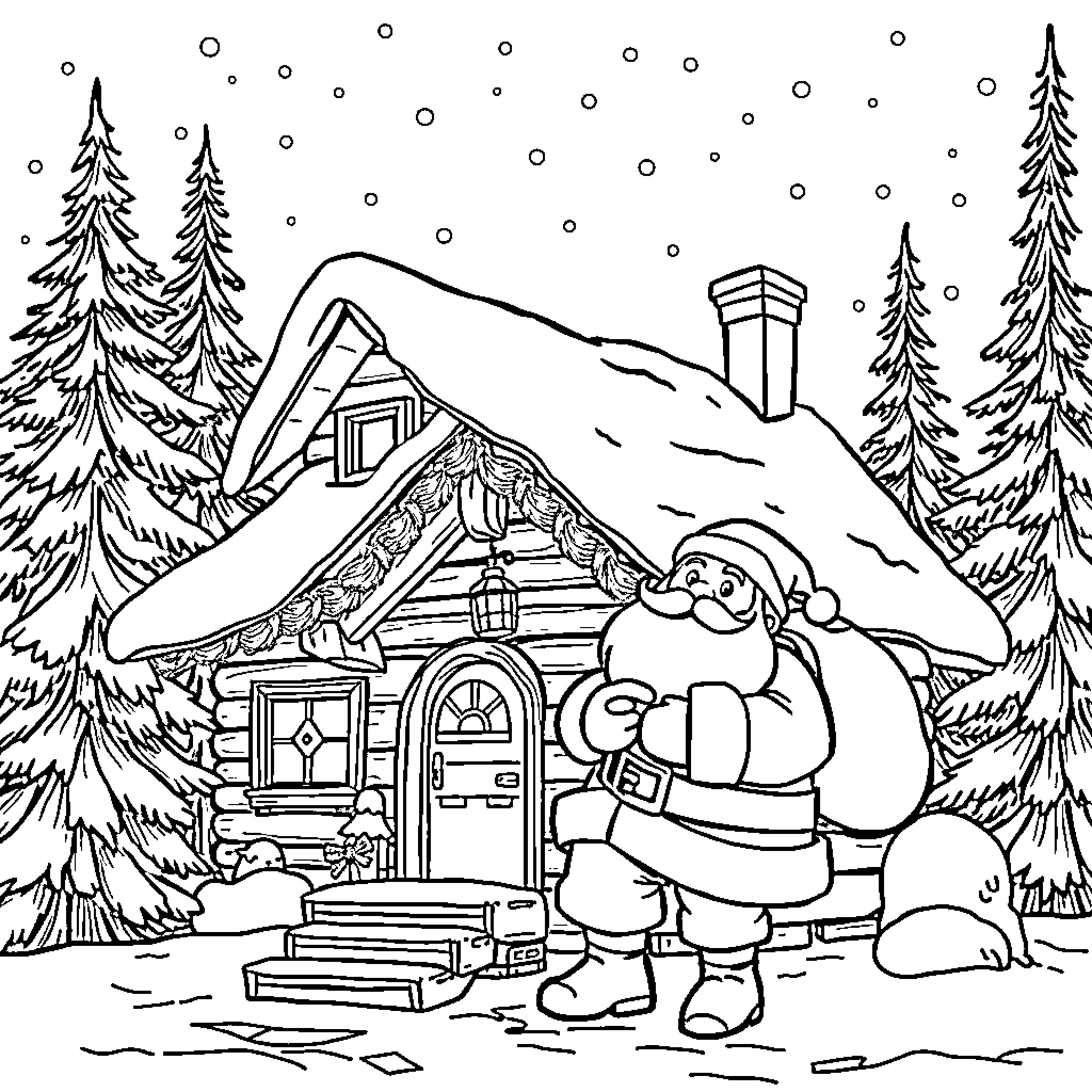 Santa Claus visiting the snowy cabin in the woods Coloring Page (free black-and-white line drawing printable PDF for all, from beginners to advanced learners, including children, teens, adults, and seniors)