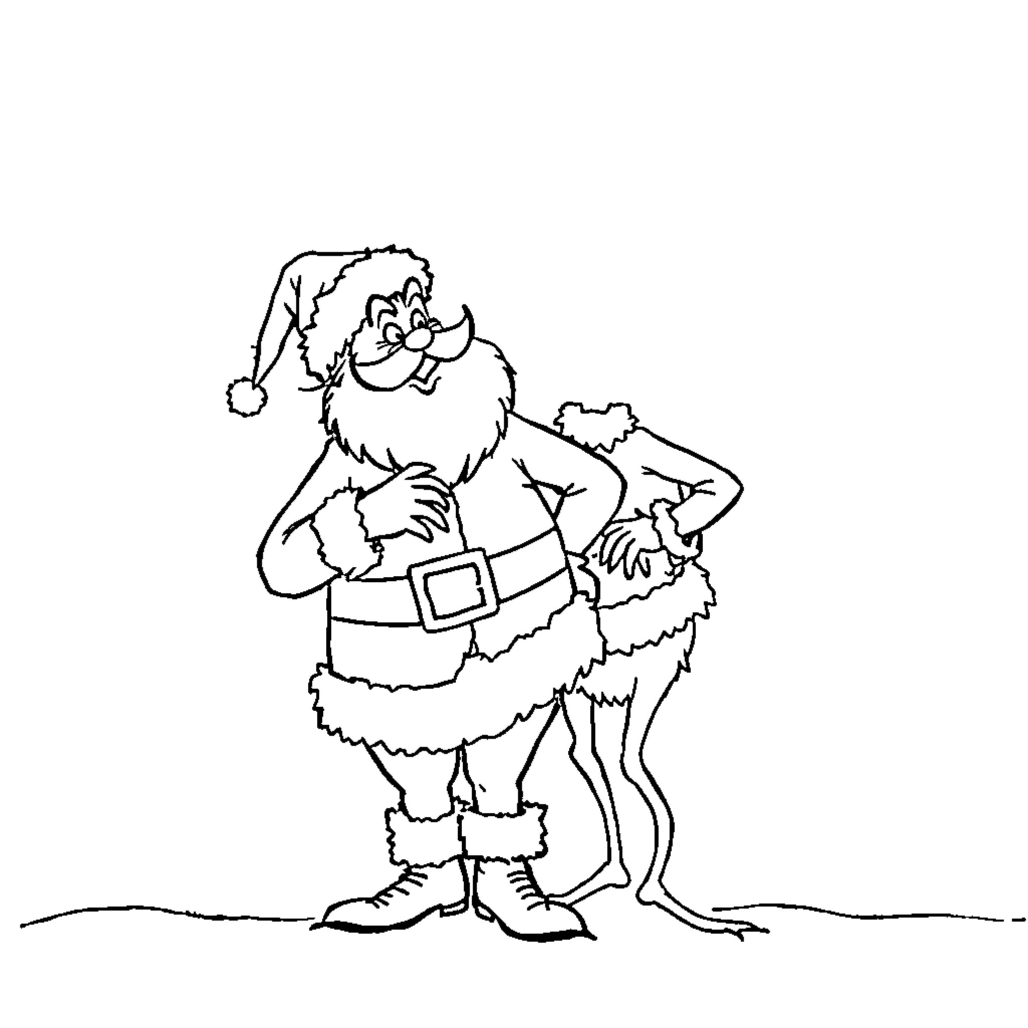 Santa surprised by mischievous elf Coloring Page (free black-and-white line drawing printable PDF for all, from beginners to advanced learners, including children, teens, adults, and seniors)