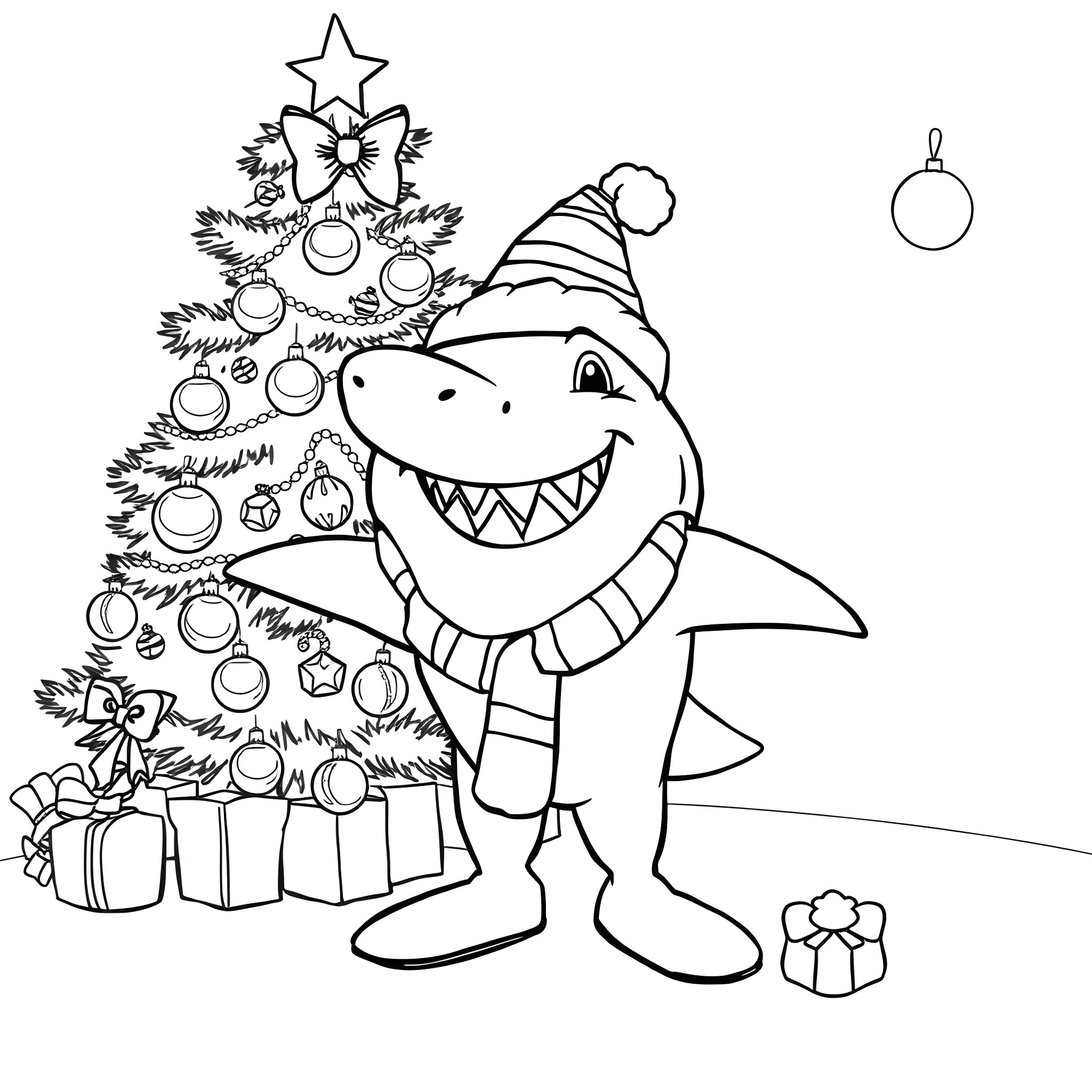 Shark celebrating Christmas with decorated tree Coloring Page (free black-and-white line drawing printable PDF for all, from beginners to advanced learners, including children, teens, adults, and seniors)