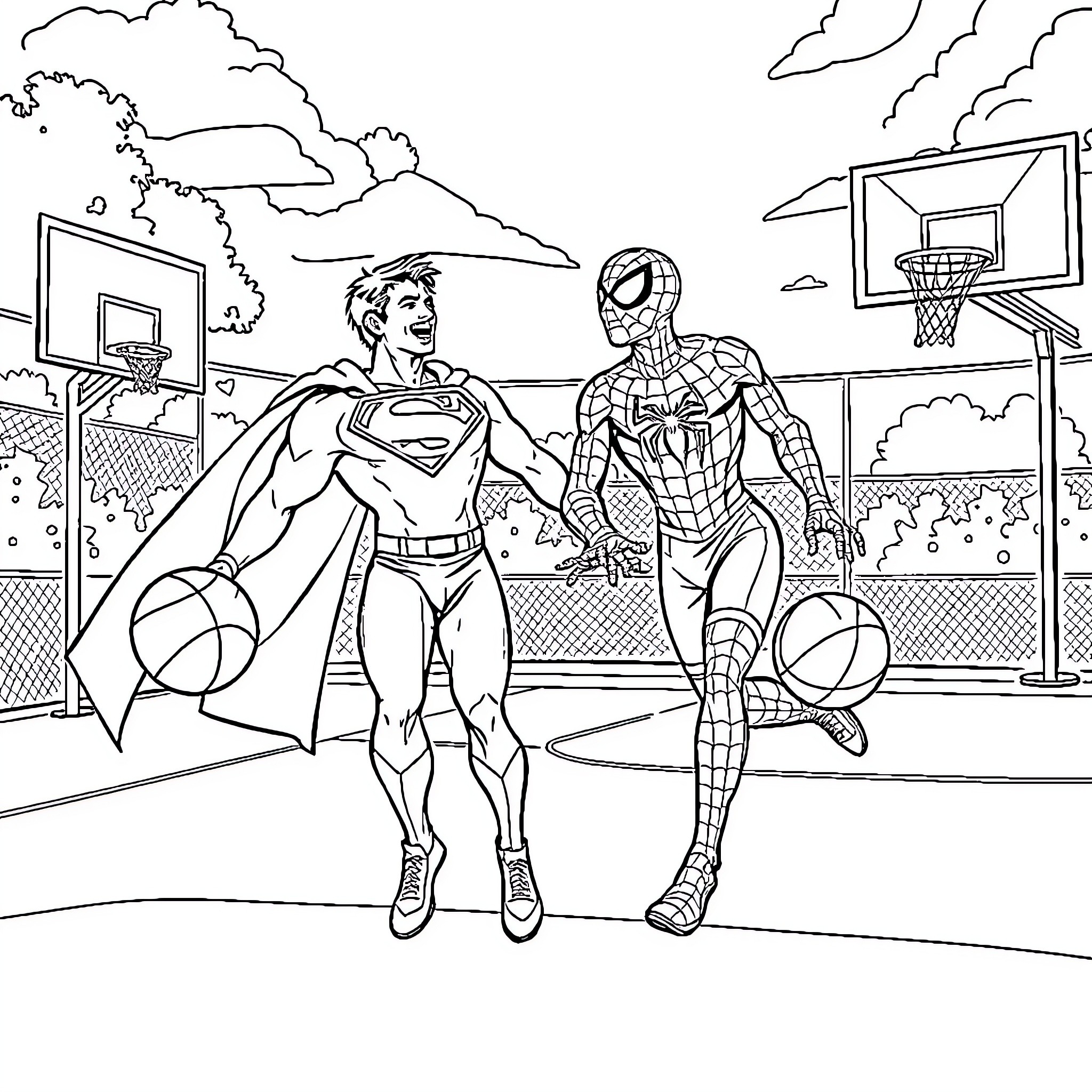 Superman and Spider-Man playing basketball on the court Coloring Page (free black-and-white line drawing printable PDF for all, from beginners to advanced learners, including children, teens, adults, and seniors)