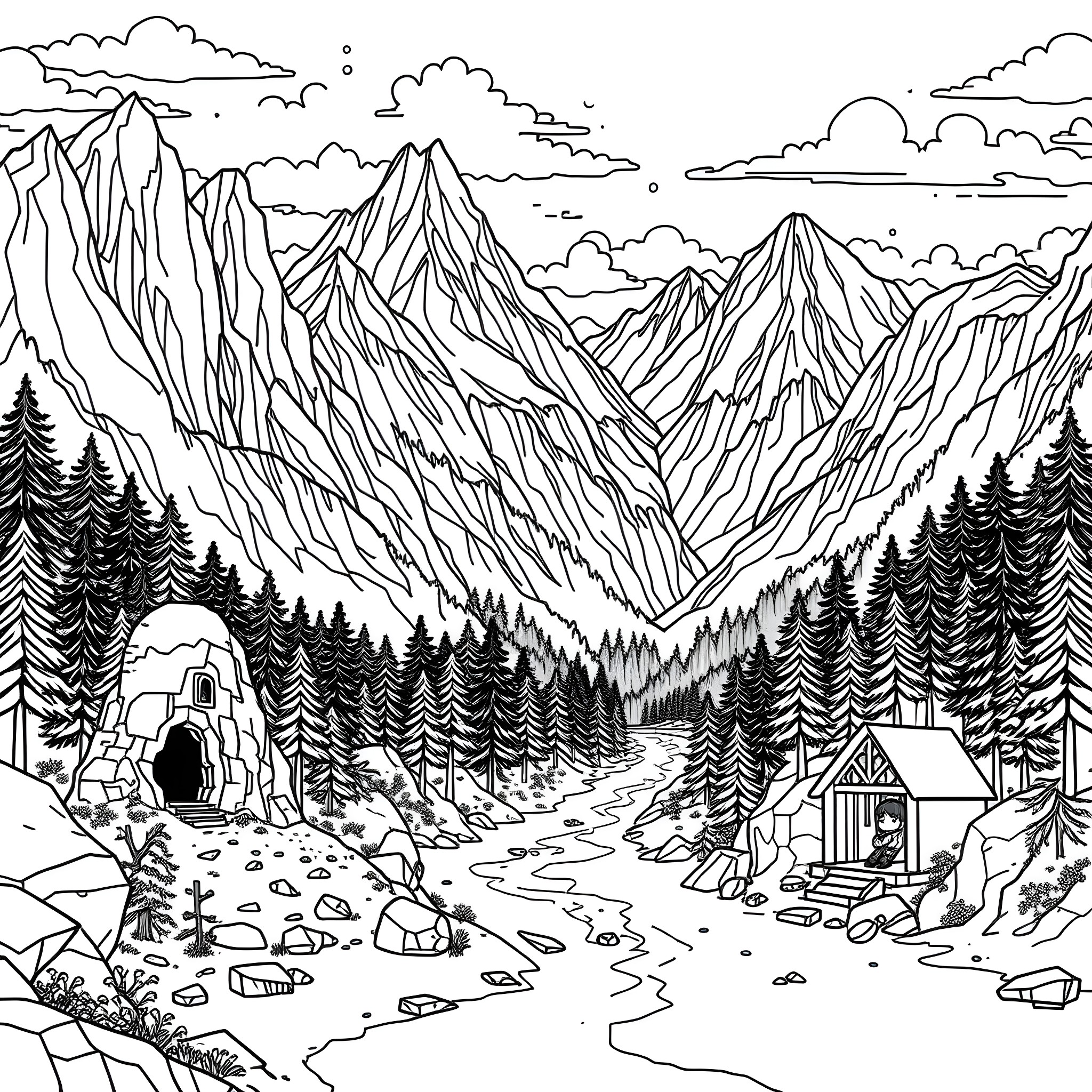 Minecraft Exploring Mountainous Wilderness Landscape Coloring Page (free black-and-white line drawing printable PDF for all, from beginners to advanced learners, including children, teens, adults, and seniors)