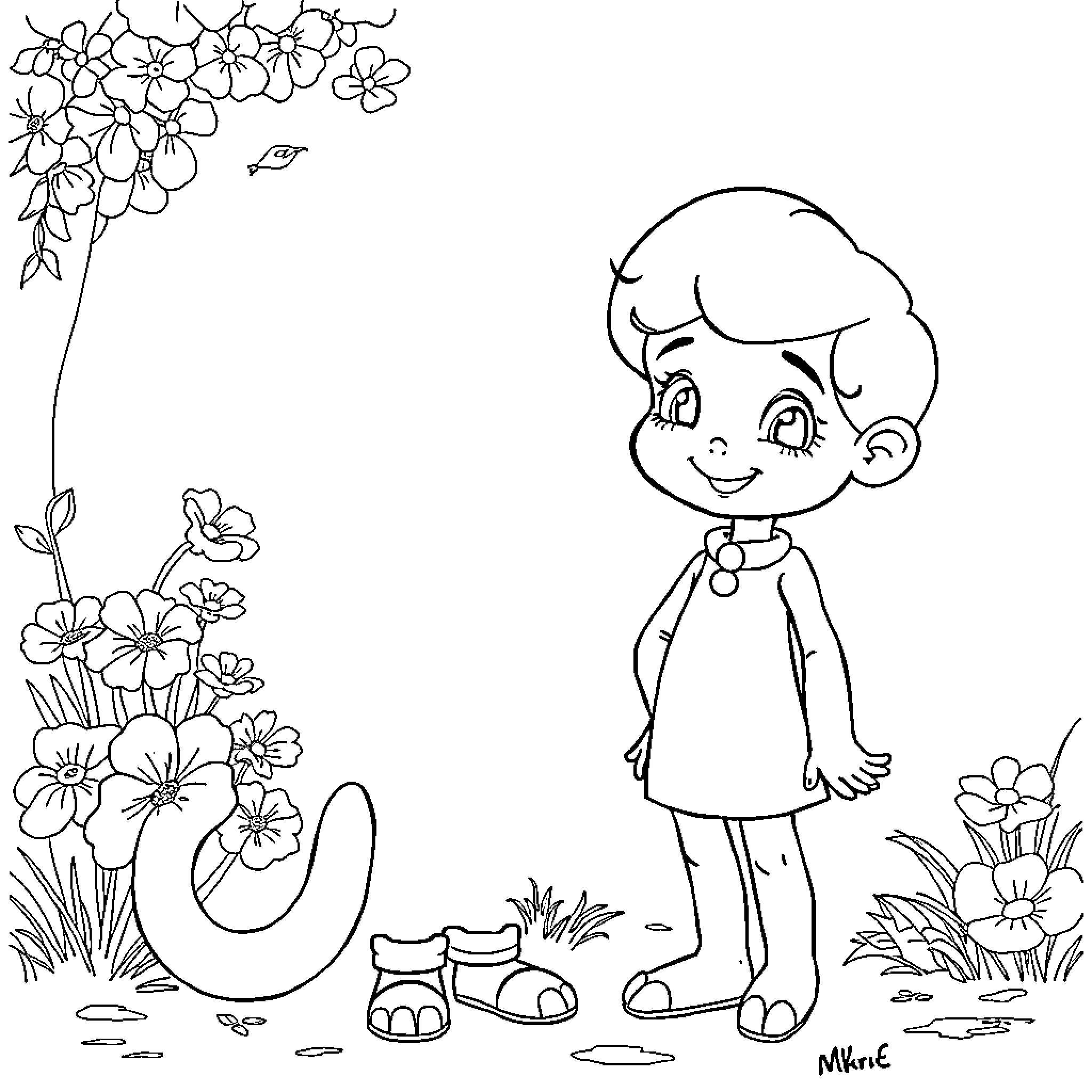 Lil Peep admiring the floral surroundings Coloring Page (free black-and-white line drawing printable PDF for all, from beginners to advanced learners, including children, teens, adults, and seniors)