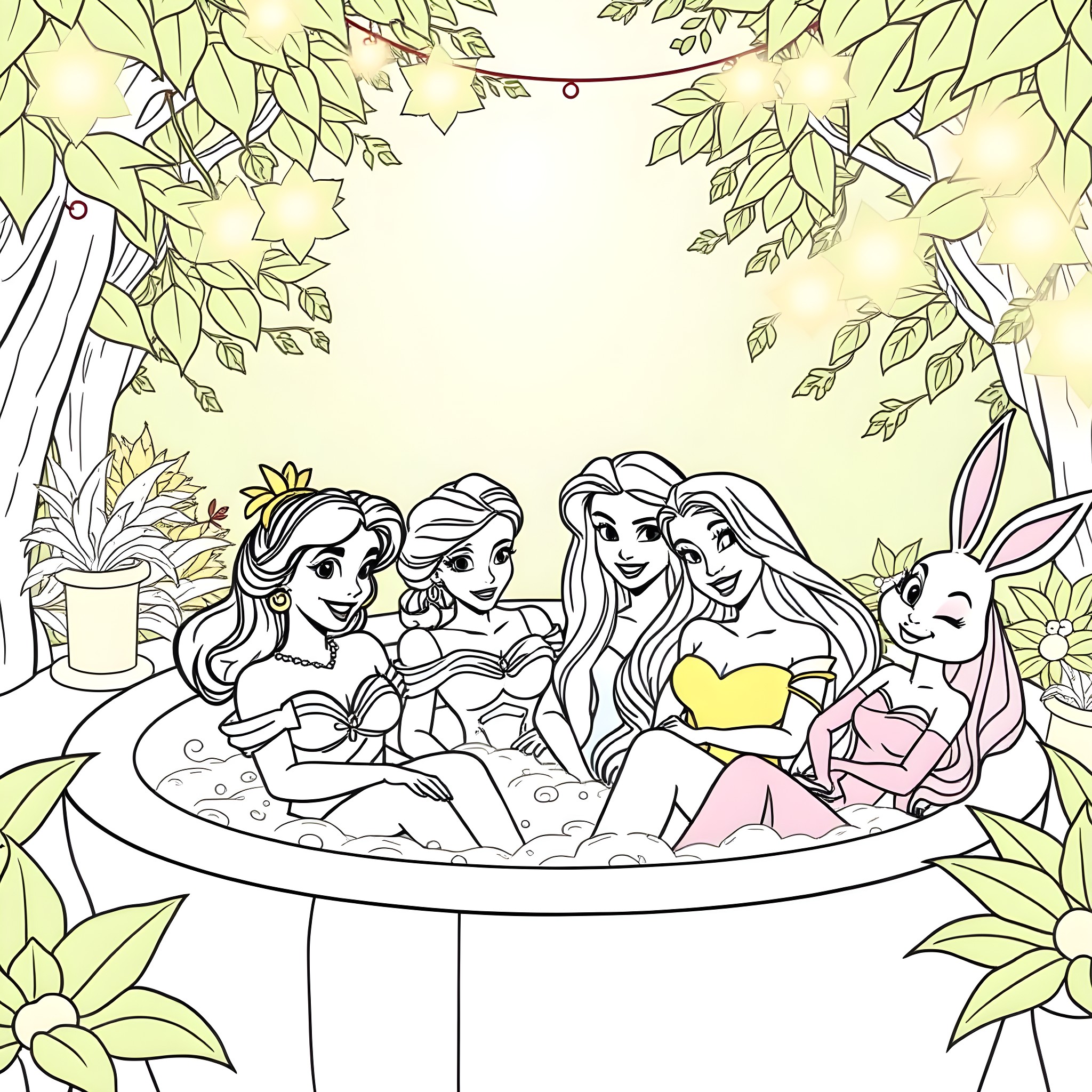 Princess friends enjoying a picnic in the garden Coloring Page (free black-and-white line drawing printable PDF for all, from beginners to advanced learners, including children, teens, adults, and seniors)