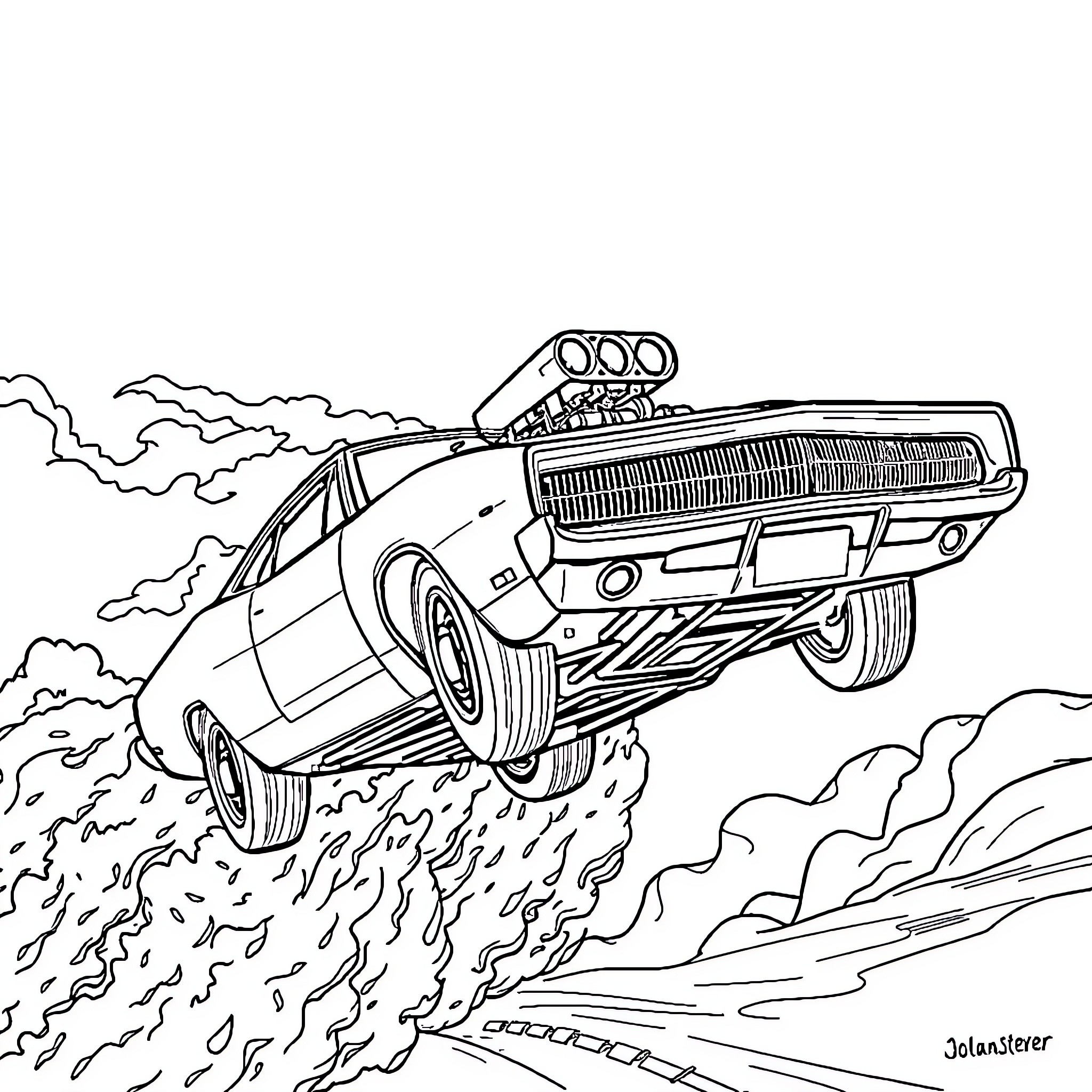 Dodge Charger Jumping Over Obstacles in Dramatic Scene Coloring Page (free black-and-white line drawing printable PDF for all, from beginners to advanced learners, including children, teens, adults, and seniors)