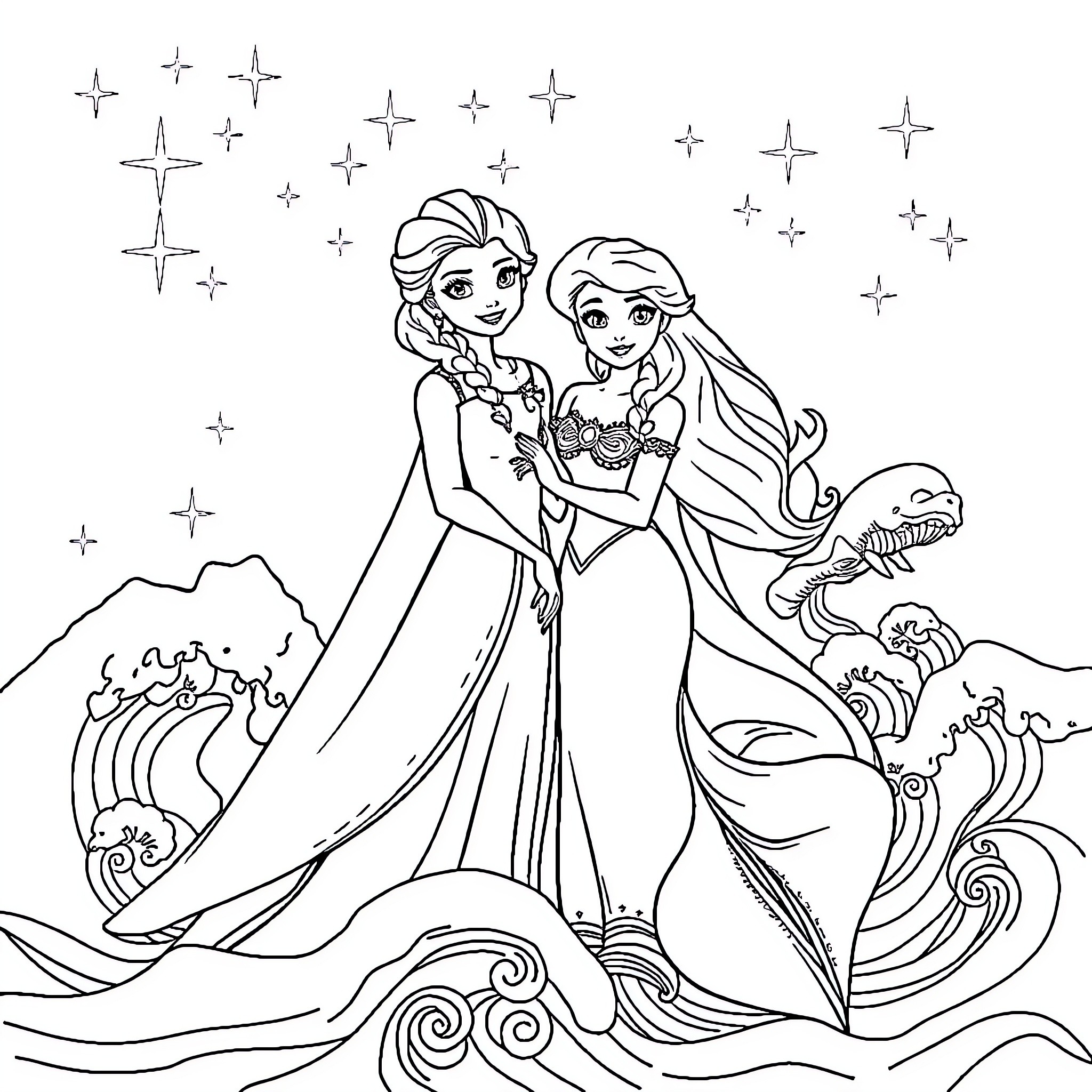 Elsa and Anna in a Magical Seascape Coloring Page (free black-and-white line drawing printable PDF for all, from beginners to advanced learners, including children, teens, adults, and seniors)