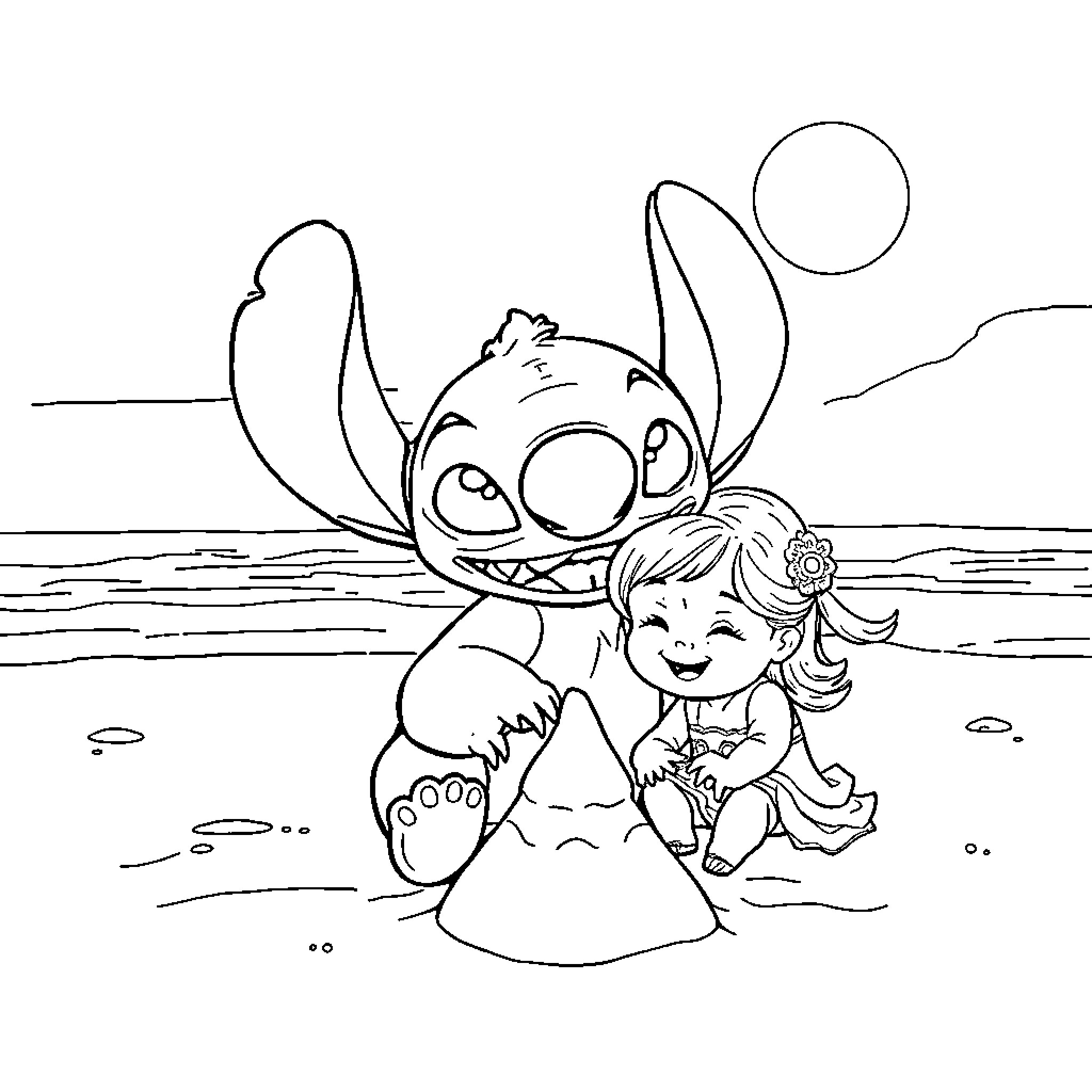 Stitch playing with girl on the beach Coloring Page (free black-and-white line drawing printable PDF for all, from beginners to advanced learners, including children, teens, adults, and seniors)