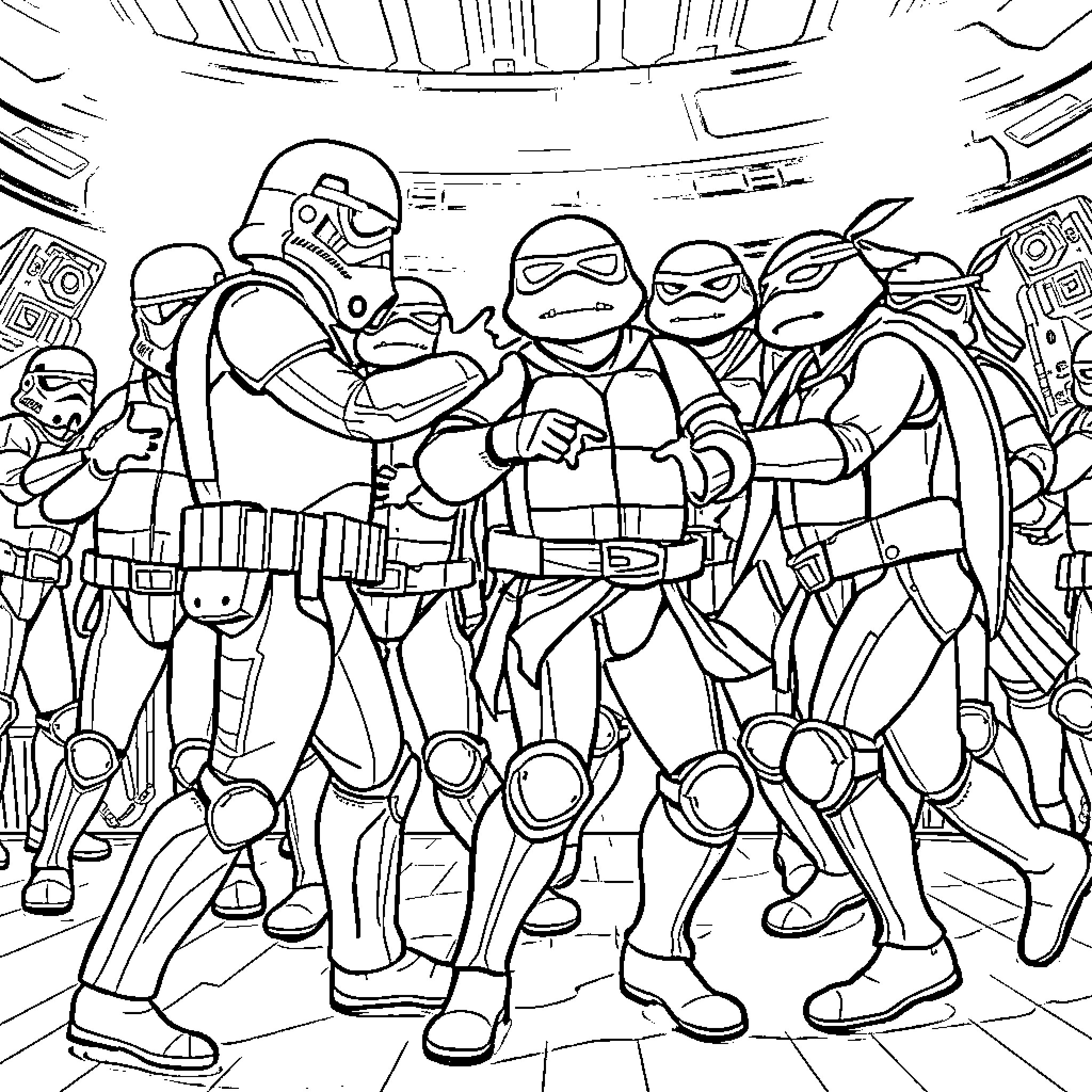 Stormtroopers in action on the battlefield Coloring Page (free black-and-white line drawing printable PDF for all, from beginners to advanced learners, including children, teens, adults, and seniors)
