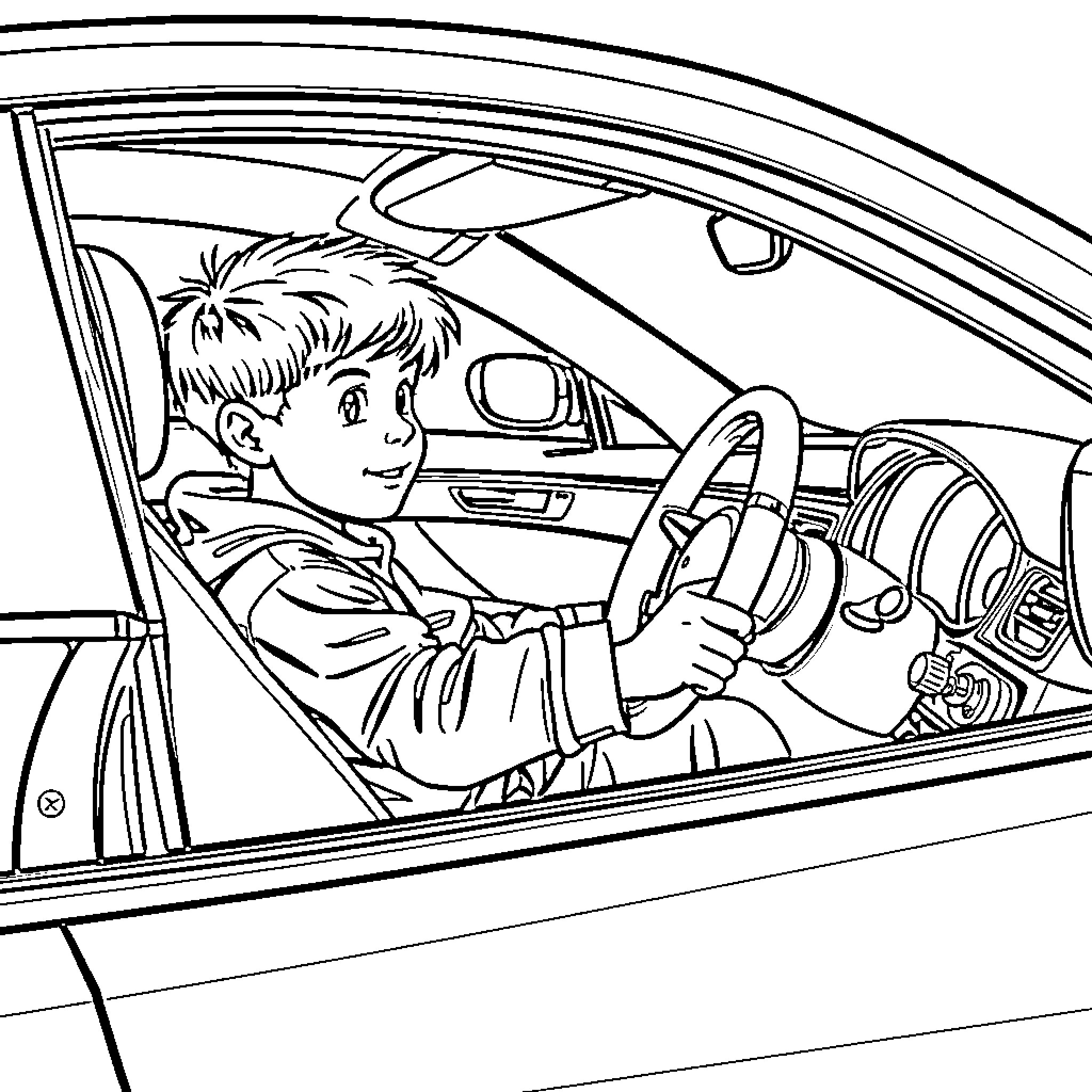 Boy driving a car happily Coloring Page (free black-and-white line drawing printable PDF for all, from beginners to advanced learners, including children, teens, adults, and seniors)
