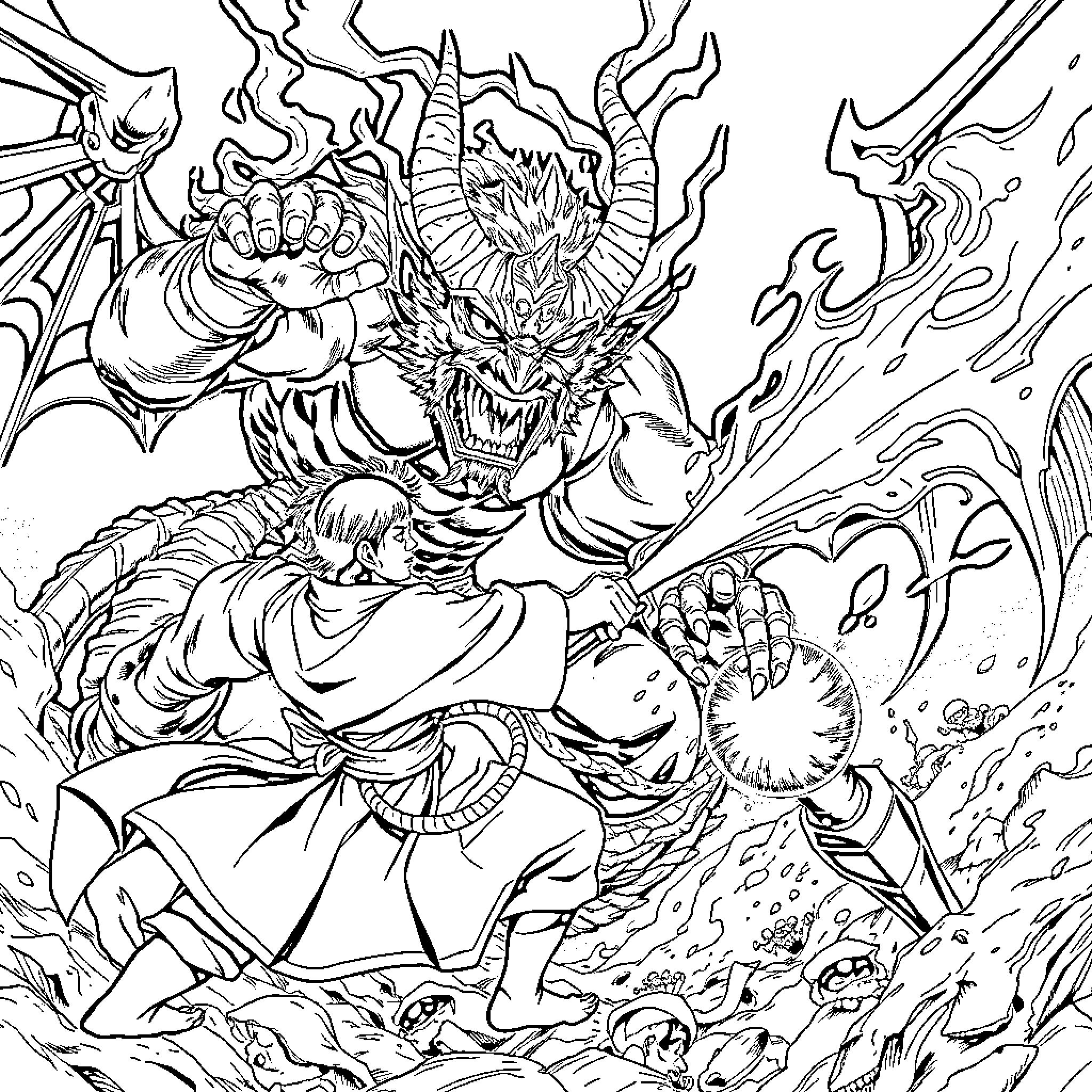 Demon Slayer in Fierce Battle with Monstrous Foe Coloring Page (free black-and-white line drawing printable PDF for all, from beginners to advanced learners, including children, teens, adults, and seniors)